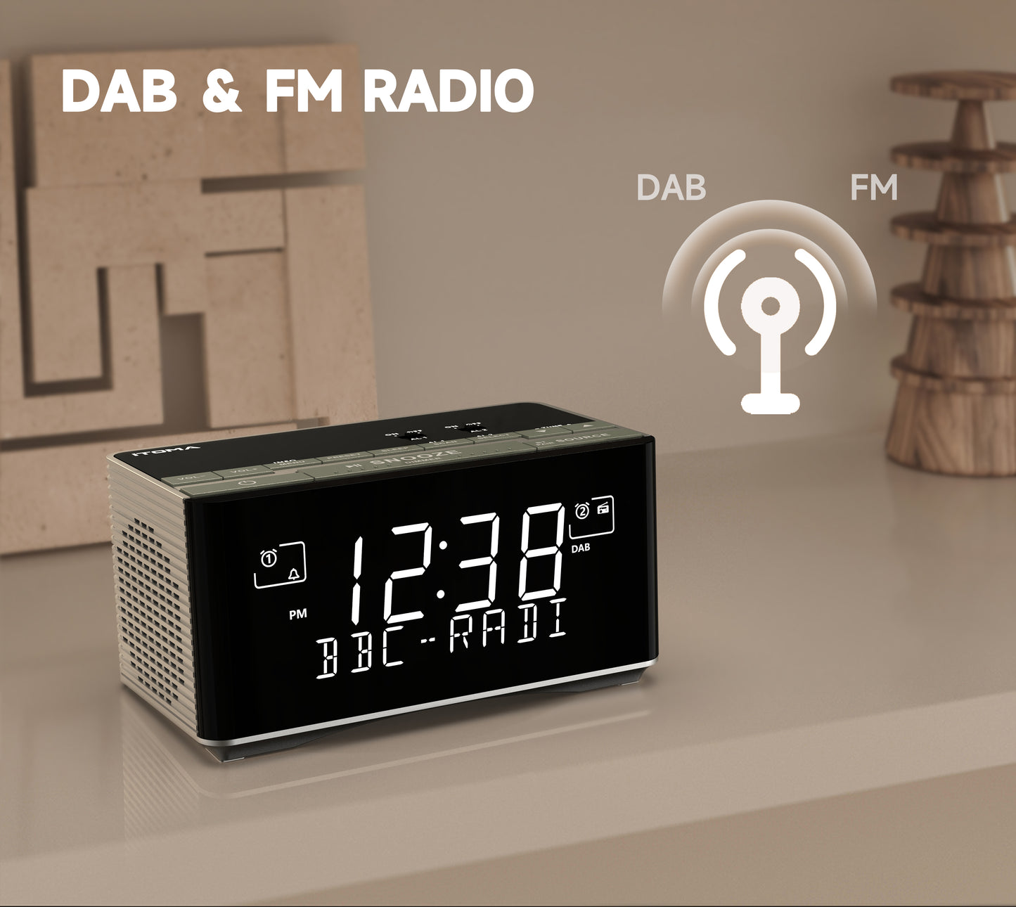 Wecker mit DAB- und UKW-Radio, USB-Ladeanschluss, Bluetooth-Stereolautsprecher, Kopfhöreranschluss, Doppelalarm, Schlummerfunktion, dimmbares LCD-Display, iTOMA 3501D