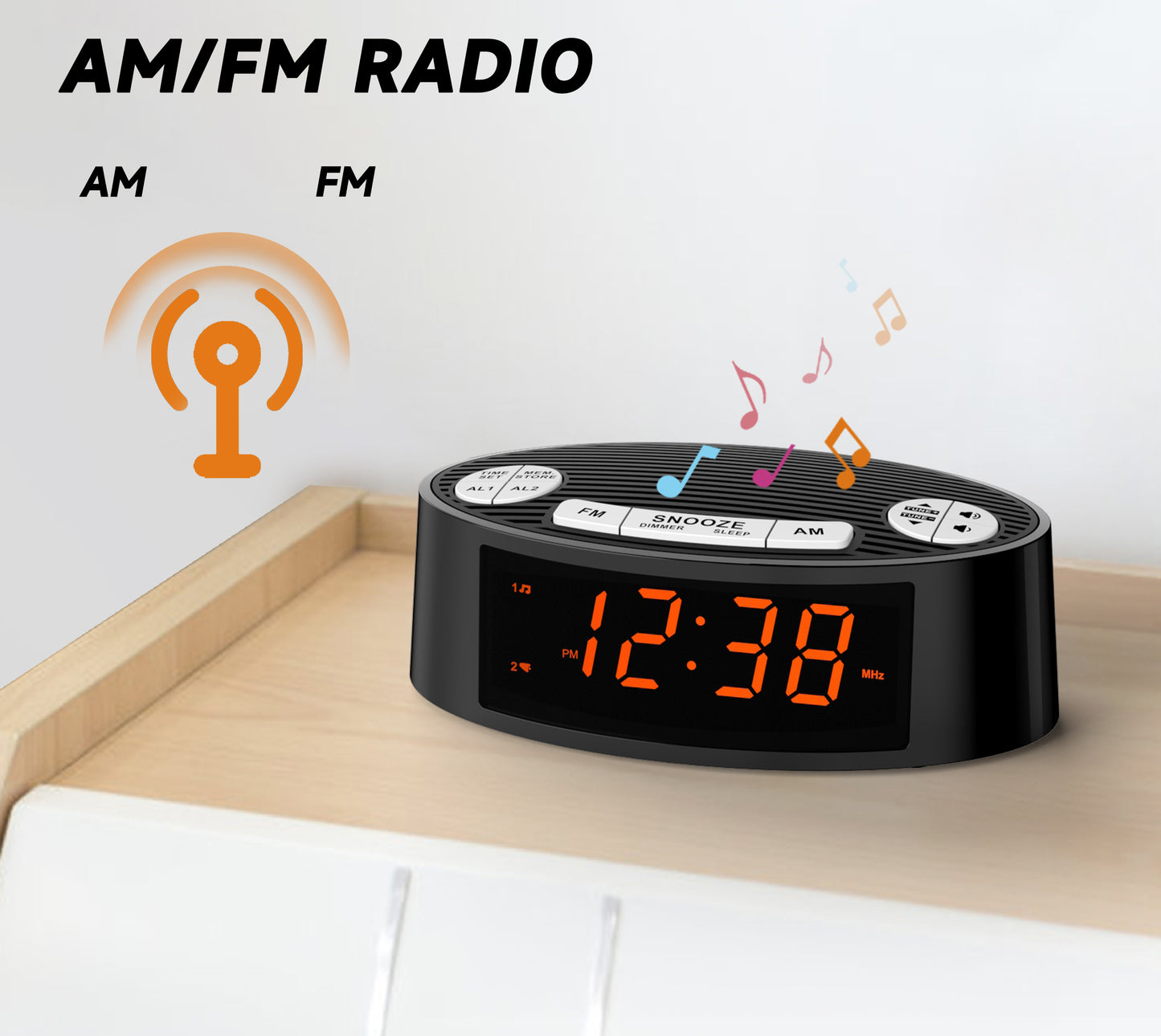 Digitaler iTOMA AM/FM-Radiowecker mit Doppelalarm, Sleep-Timer und Schlummerfunktion, orangefarbenes LED-Display, 4-stufige Dimmoption 3301