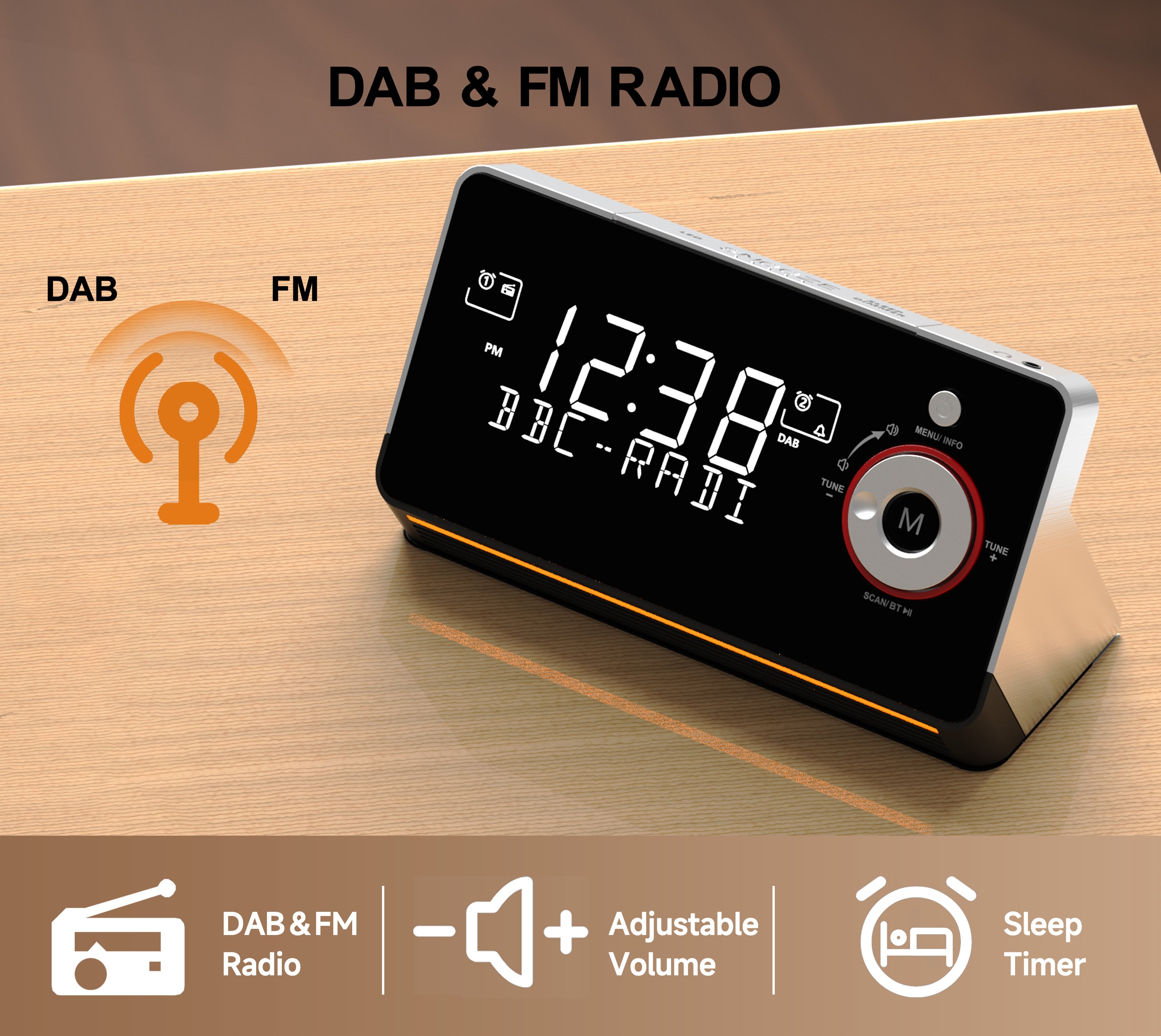 Alarm Clock with DAB & FM Radio,Dual Alarms, Snooze, Dimmable LCD Display, Night Light, Bluetooth,  Headphone,Type-C and USB Charging Ports iTOMA 729