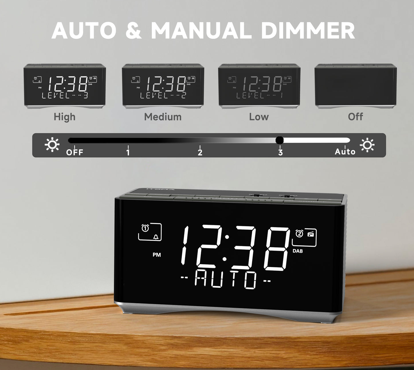 Wecker mit DAB- und UKW-Radio, USB-Ladeanschluss, Bluetooth-Stereolautsprecher, Kopfhöreranschluss, Doppelalarm, Schlummerfunktion, dimmbares LCD-Display, iTOMA 3501D