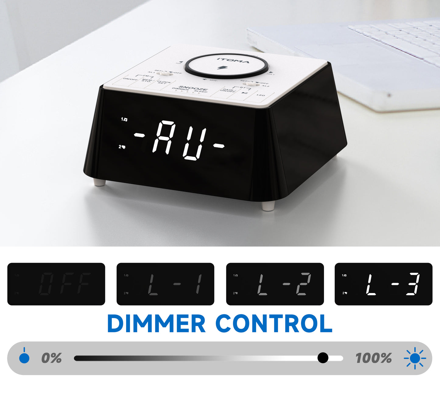 Bedside Wireless Charging Alarm Clock Radio with Bluetooth Speaker,FM Radio, Dual Alarm with Snooze, USB Charging, Night Light and Dimmable Display iTOMA 205