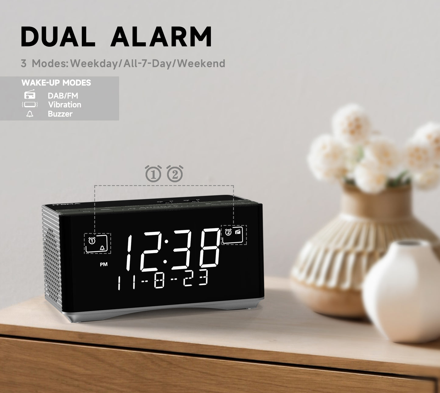 Wecker mit DAB- und UKW-Radio, USB-Ladeanschluss, Bluetooth-Stereolautsprecher, Kopfhöreranschluss, Doppelalarm, Schlummerfunktion, dimmbares LCD-Display, iTOMA 3501D