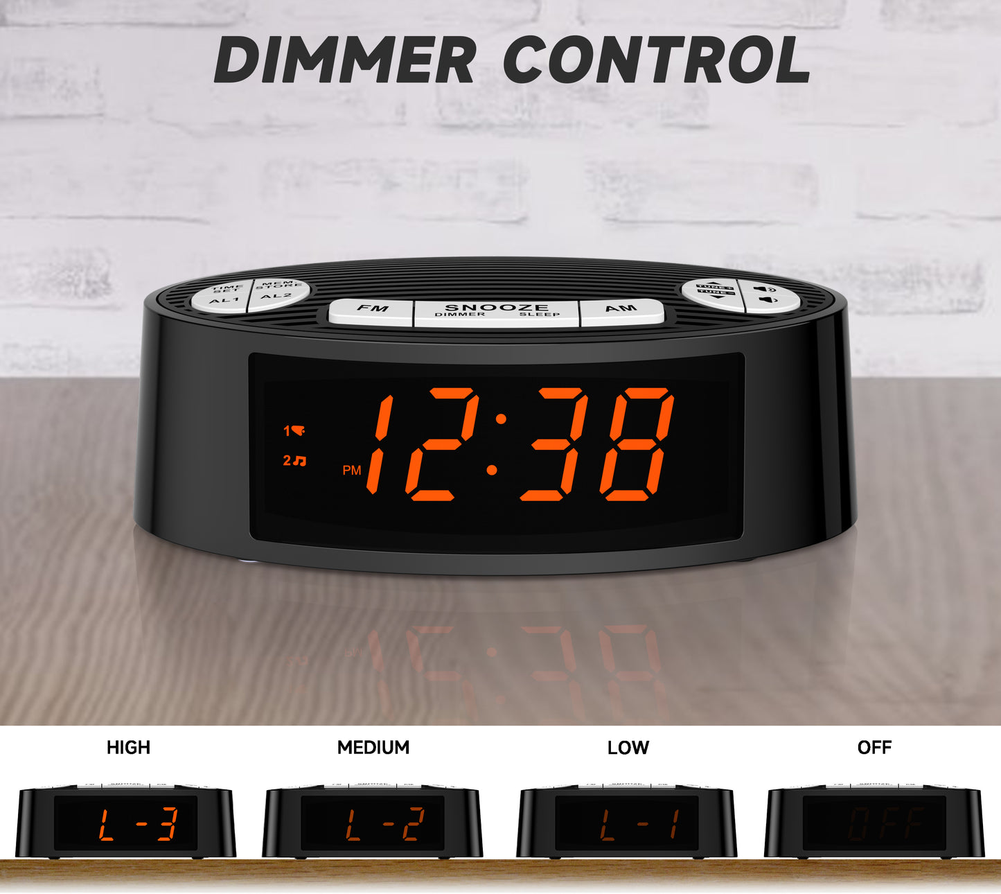 Digitaler iTOMA AM/FM-Radiowecker mit Doppelalarm, Sleep-Timer und Schlummerfunktion, orangefarbenes LED-Display, 4-stufige Dimmoption 3301