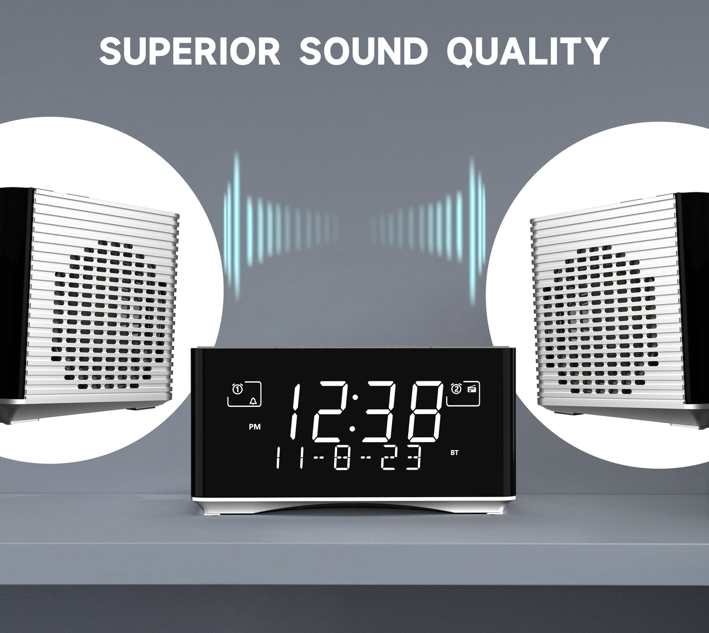 Wecker mit DAB- und UKW-Radio, USB-Ladeanschluss, Bluetooth-Stereolautsprecher, Kopfhöreranschluss, Doppelalarm, Schlummerfunktion, dimmbares LCD-Display, iTOMA 3501D