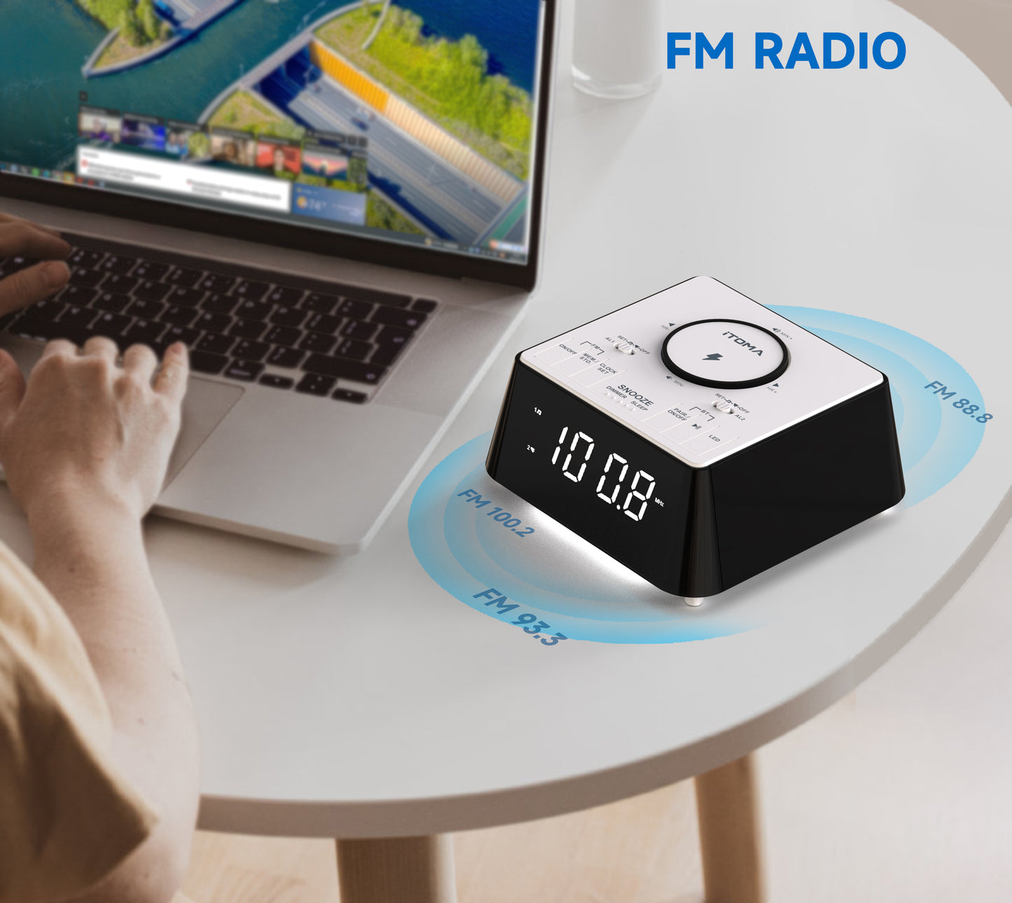Bedside Wireless Charging Alarm Clock Radio with Bluetooth Speaker,FM Radio, Dual Alarm with Snooze, USB Charging, Night Light and Dimmable Display iTOMA 205