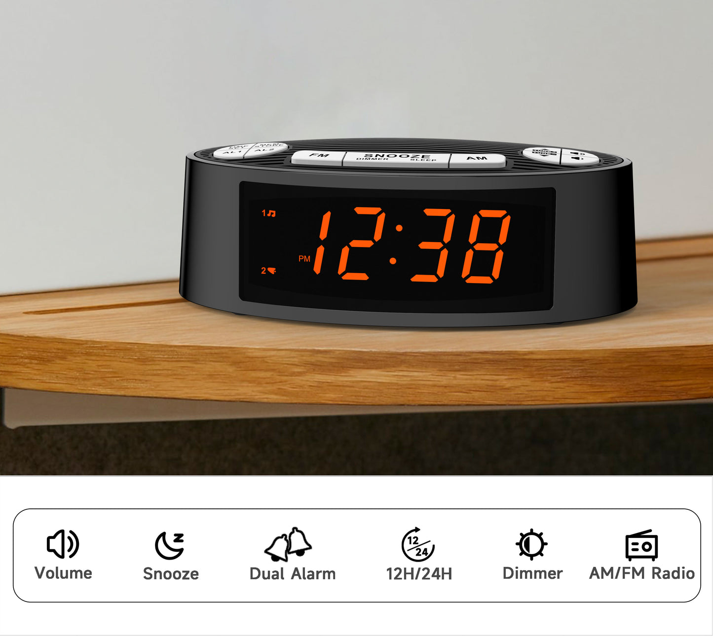 Digitaler iTOMA AM/FM-Radiowecker mit Doppelalarm, Sleep-Timer und Schlummerfunktion, orangefarbenes LED-Display, 4-stufige Dimmoption 3301