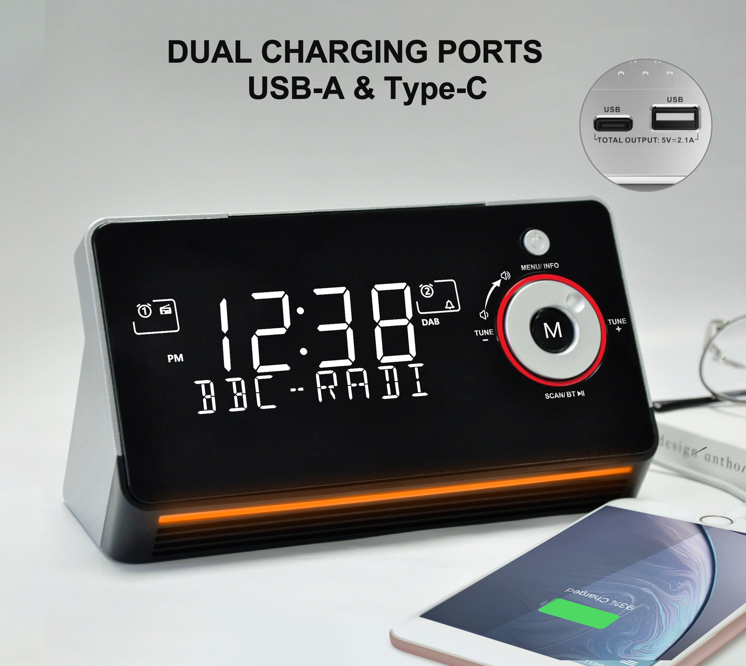 Alarm Clock with DAB & FM Radio,Dual Alarms, Snooze, Dimmable LCD Display, Night Light, Bluetooth,  Headphone,Type-C and USB Charging Ports iTOMA 729