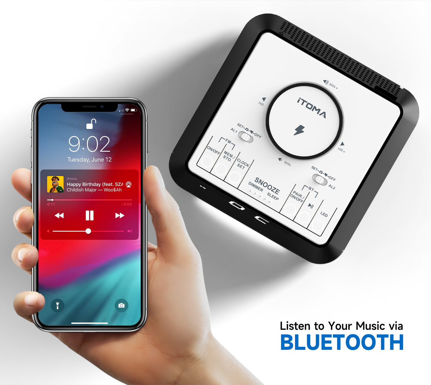 Bedside Wireless Charging Alarm Clock Radio with Bluetooth Speaker,FM Radio, Dual Alarm with Snooze, USB Charging, Night Light and Dimmable Display iTOMA 205
