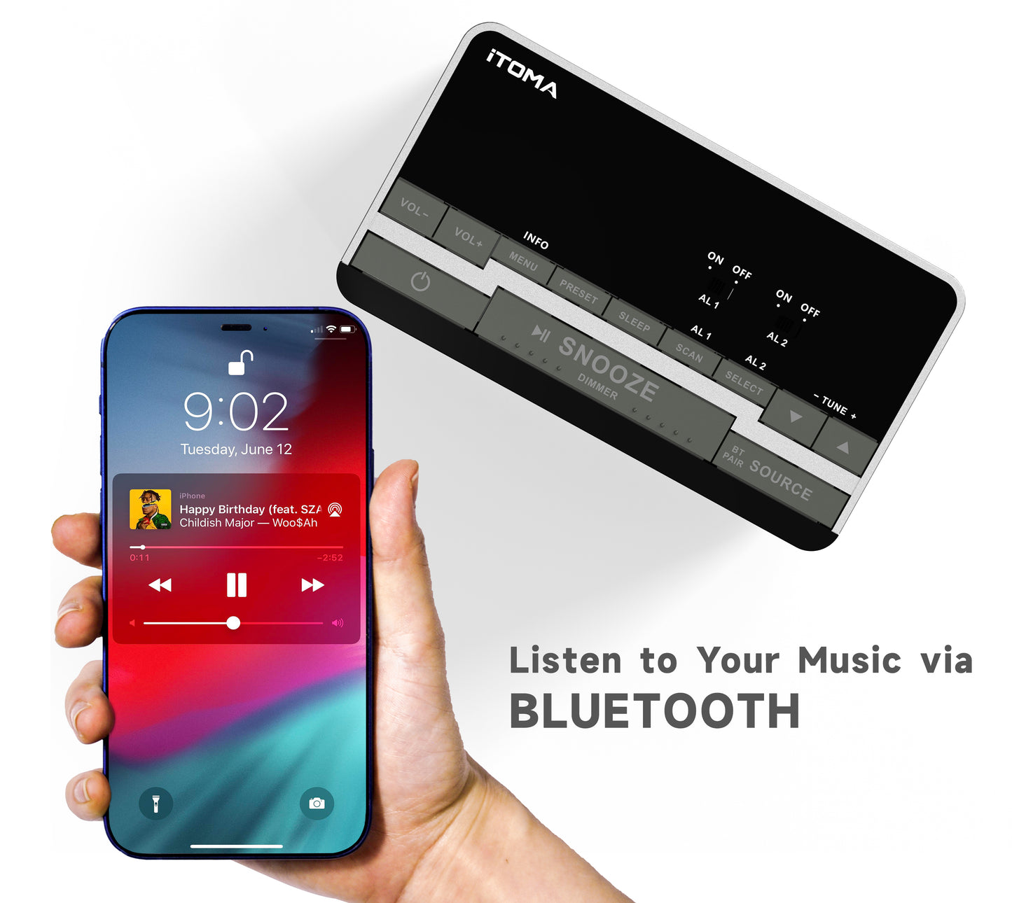 Wecker mit DAB- und UKW-Radio, USB-Ladeanschluss, Bluetooth-Stereolautsprecher, Kopfhöreranschluss, Doppelalarm, Schlummerfunktion, dimmbares LCD-Display, iTOMA 3501D