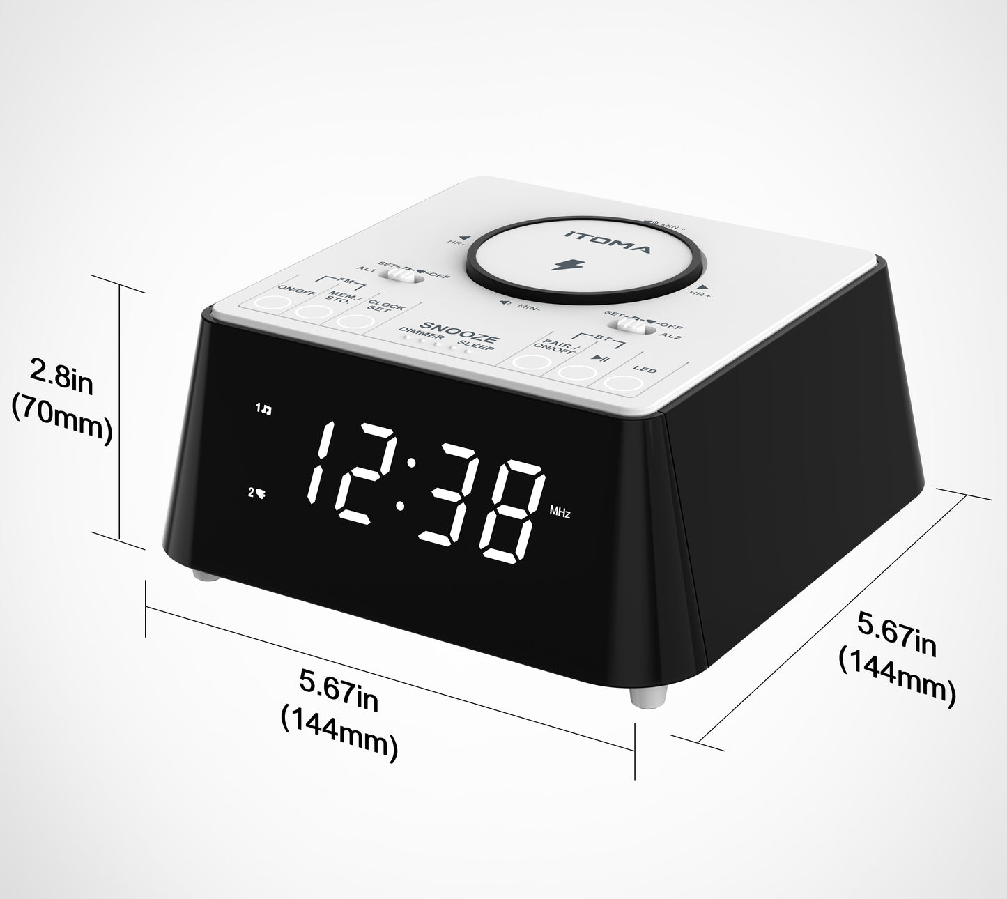 Bedside Wireless Charging Alarm Clock Radio with Bluetooth Speaker,FM Radio, Dual Alarm with Snooze, USB Charging, Night Light and Dimmable Display iTOMA 205