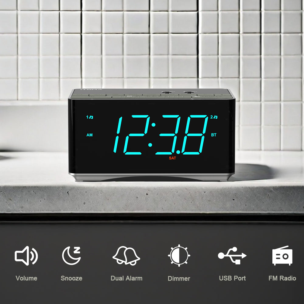 Digital Alarm Clock Radio-Bluetooth Stereo Speakers,FM Radio,Dual Alarm,Snooze,Brightness Dimmer,USB Charging, Alarm Clock for Bedroom Office iTOMA 3501S