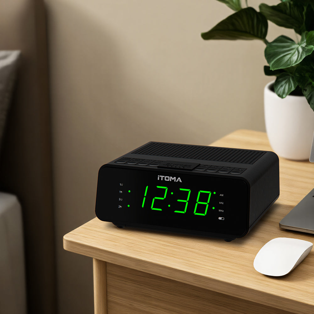 Reloj despertador digital iTOMA con radio AM/FM, atenuador de 4 niveles, función de repetición, alarmas duales, temporizador de apagado automático y pantalla LED verde jade de 0,9" fácil de leer, 2100