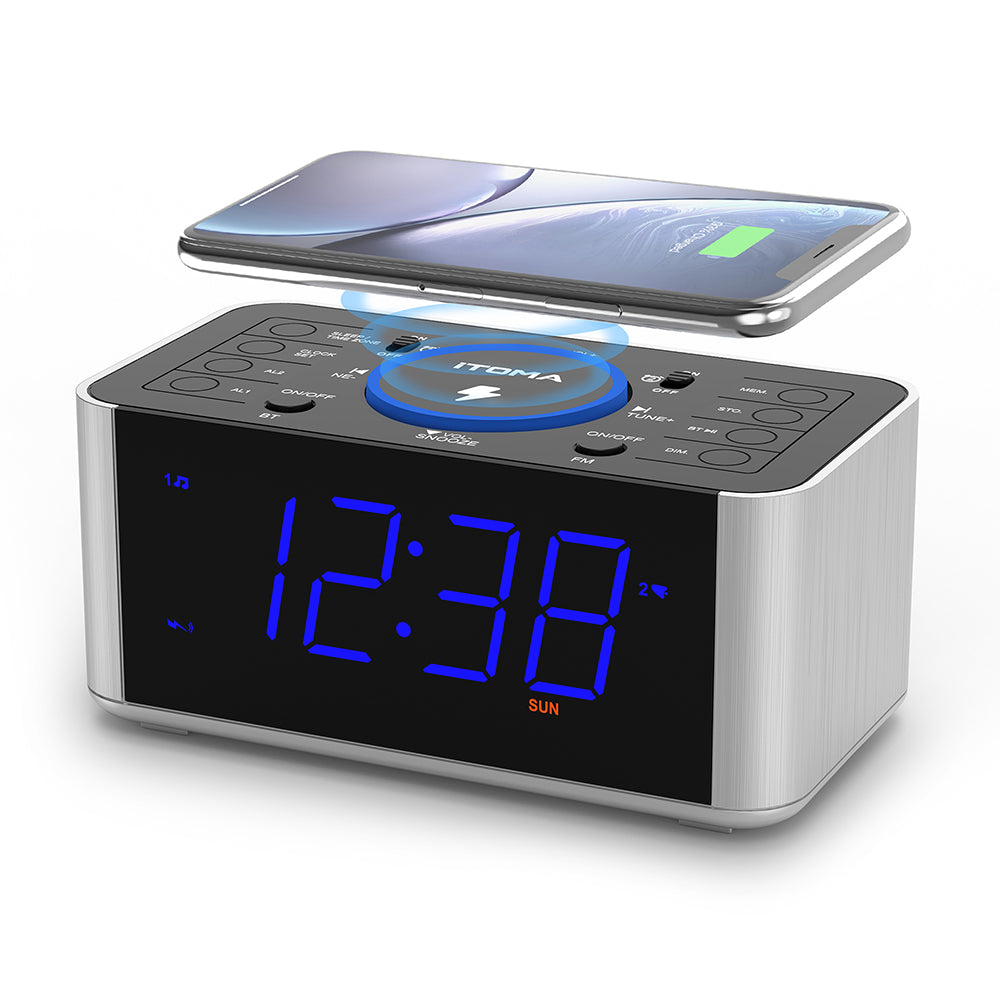 Radio despertador de noche con carga inalámbrica de 5 W, función de repetición, Bluetooth, alarma dual, pantalla LED de 1,4", regulador de intensidad y carga USB para iTOMA 206S.