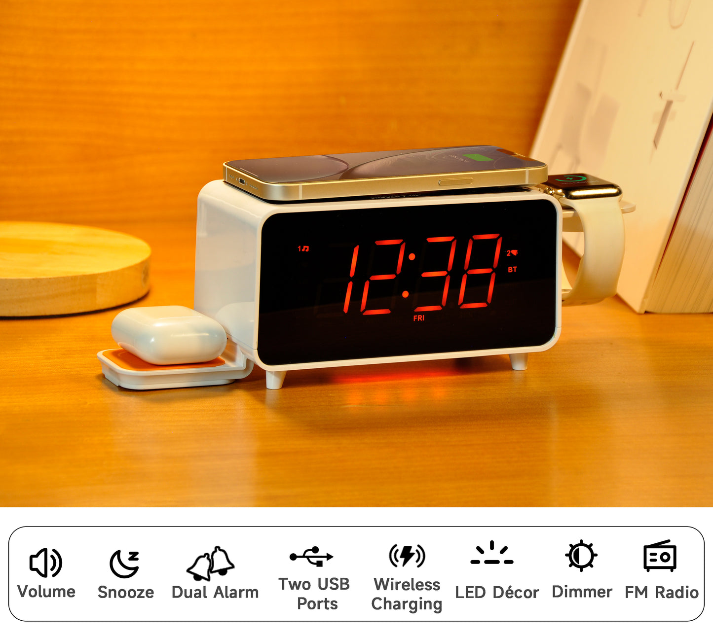 Bedside App Control Dual Wireless Charging Alarm Clock Radio with Bluetooth Speaker, FM Radio, Two USB Port, Dual Alarm, Snooze, Night Light, Auto & Manual Dimmer Control and 1.4" Orange Display iTOMA 209
