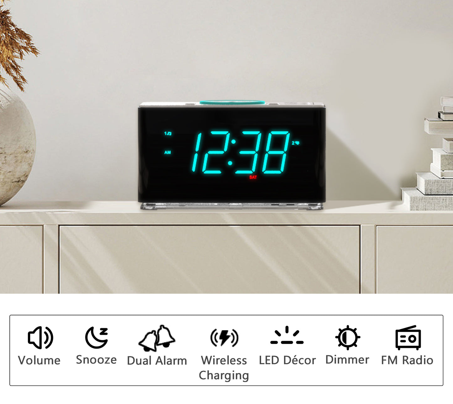 Radiowecker, 15 W ultraschnelles kabelloses Telefonladegerät mit Bluetooth, USB-Ladeanschluss, Dual-Alarm, Sleep-Timer, Schlummerfunktion, Dimmer, UKW-Radio, cyanfarbenes LED-Nachtlicht und 1,4-Zoll-Display iTOMA CKS207
