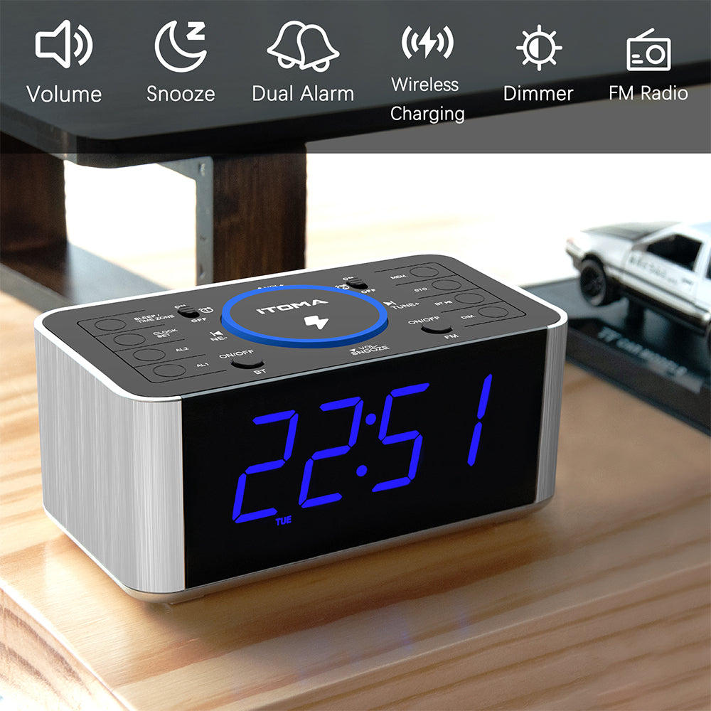Radio despertador de noche con carga inalámbrica de 5 W, función de repetición, Bluetooth, alarma dual, pantalla LED de 1,4", regulador de intensidad y carga USB para iTOMA 206S.