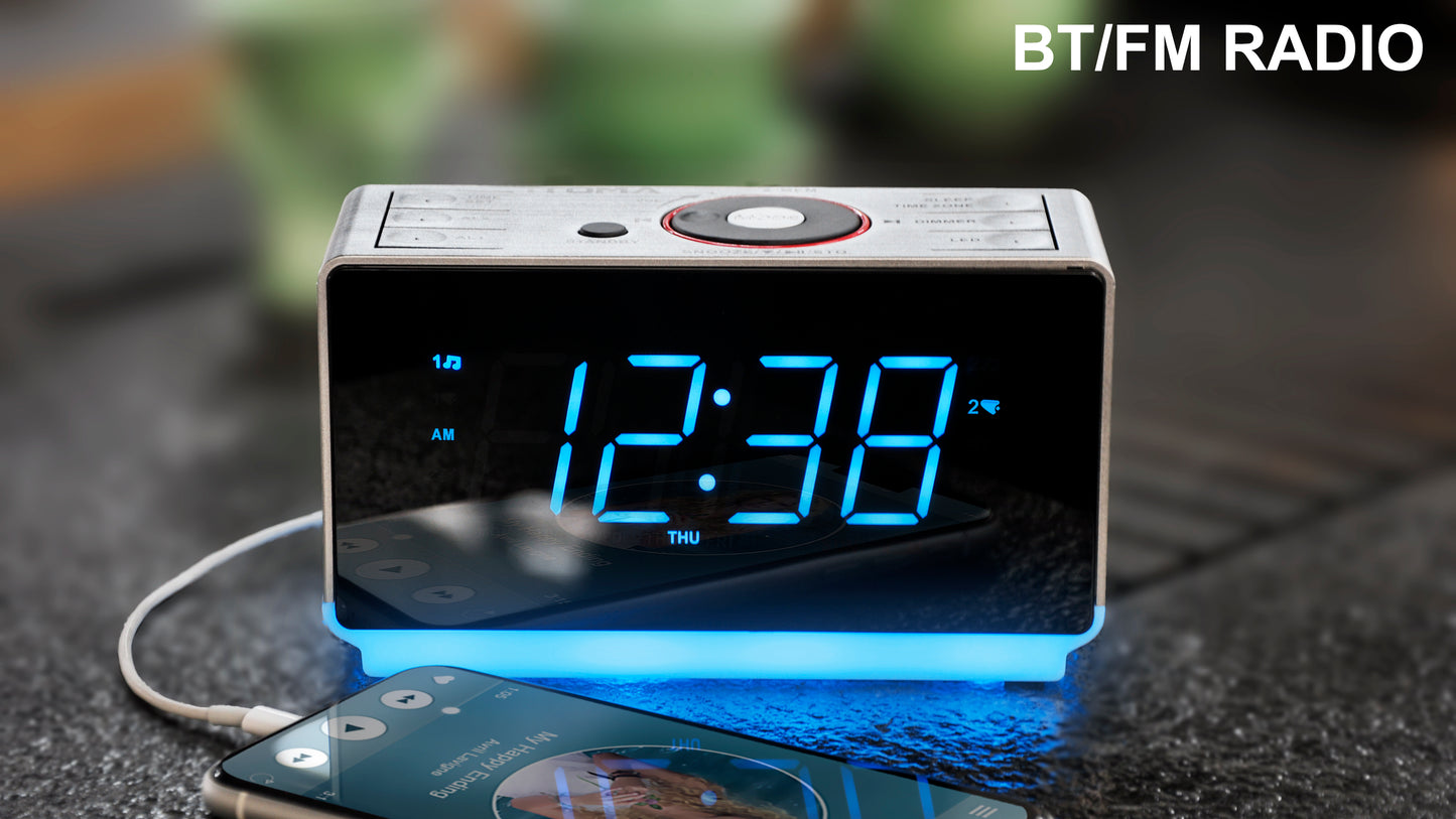 Radiowecker mit Bluetooth-Lautsprecher, UKW-Radio, Doppelalarm mit Schlummerfunktion, großem LED-Display, Dimmersteuerung, USB-Ladeausgang und Nachtlicht iTOMA CKS708