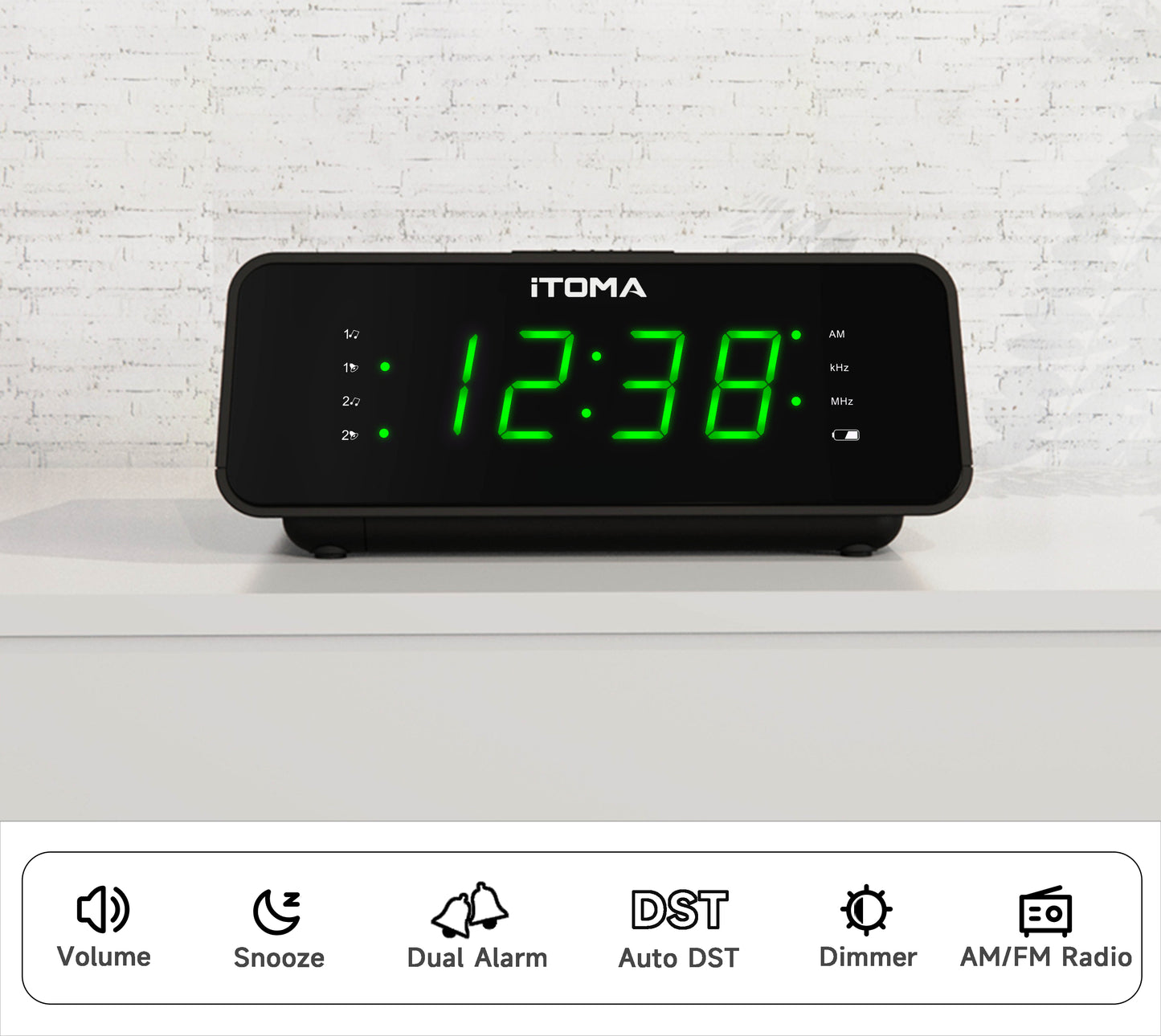 Reloj despertador digital iTOMA con radio AM/FM, atenuador de 4 niveles, función de repetición, alarmas duales, temporizador de apagado automático y pantalla LED verde jade de 0,9" fácil de leer, 2100