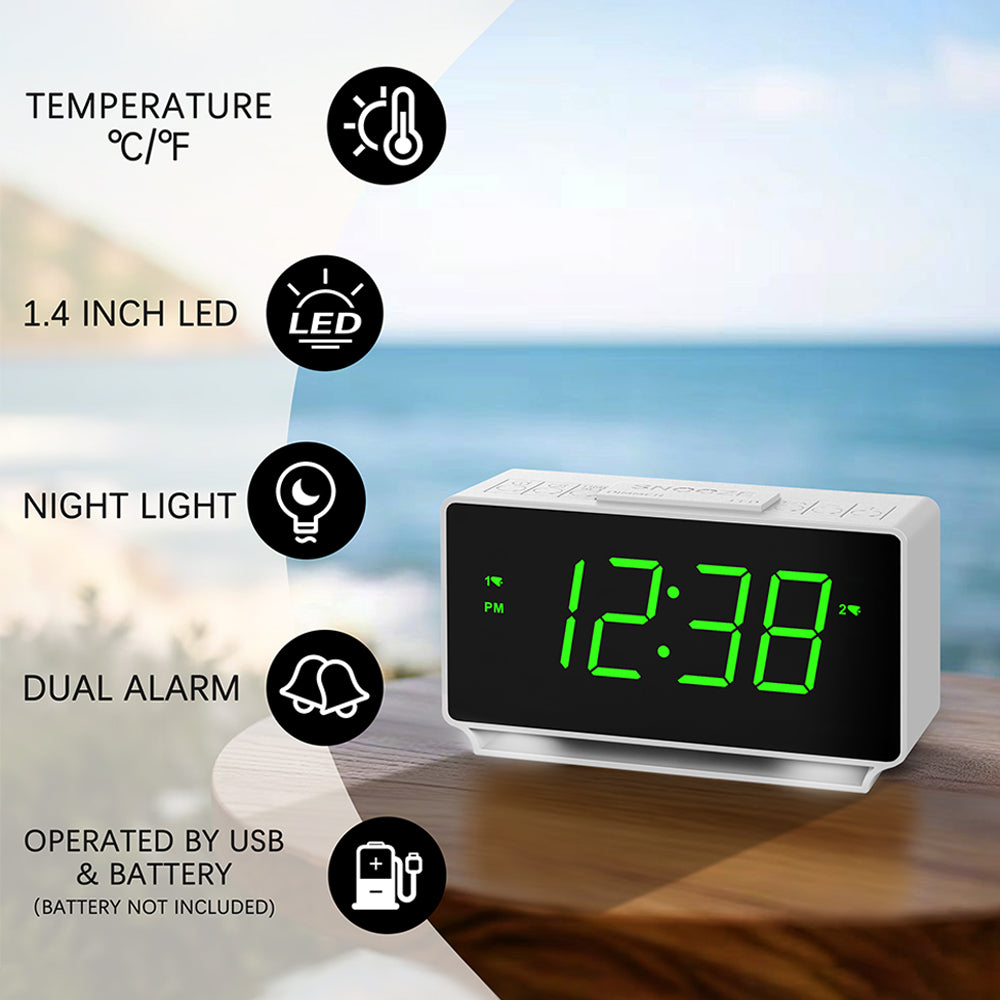 Reloj despertador digital iTOMA 222 con alarmas duales, pantalla de temperatura, función de repetición de alarma (12/24 horas), luz nocturna y volumen ajustable, regulable, batería de respaldo, pequeño reloj LED portátil para dormitorio.