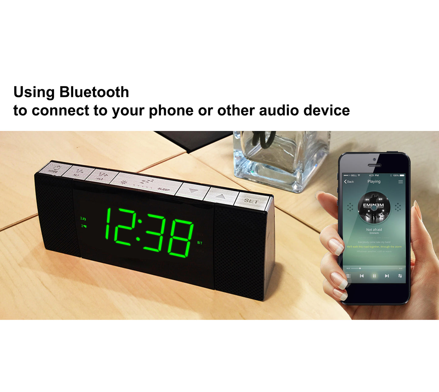 Radio reloj despertador digital iTOMA con altavoz inalámbrico, pantalla LED verde jade regulable, radio FM con temporizador de apagado automático, alarma dual con botón de encendido/apagado, función de repetición, 12/24 h, 503U