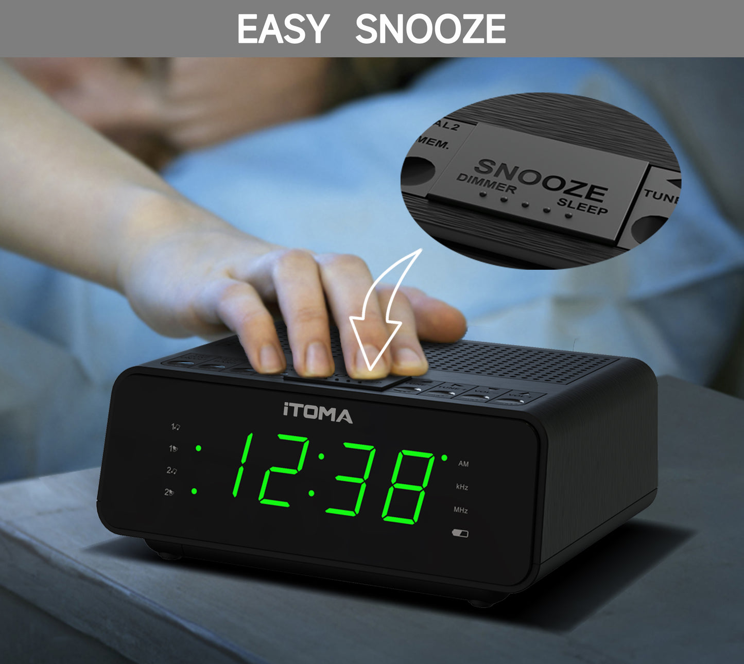 Reloj despertador digital iTOMA con radio AM/FM, atenuador de 4 niveles, función de repetición, alarmas duales, temporizador de apagado automático y pantalla LED verde jade de 0,9" fácil de leer, 2100