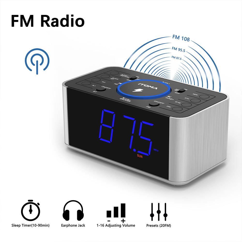 Radio despertador de noche con carga inalámbrica de 5 W, función de repetición, Bluetooth, alarma dual, pantalla LED de 1,4", regulador de intensidad y carga USB para iTOMA 206S.