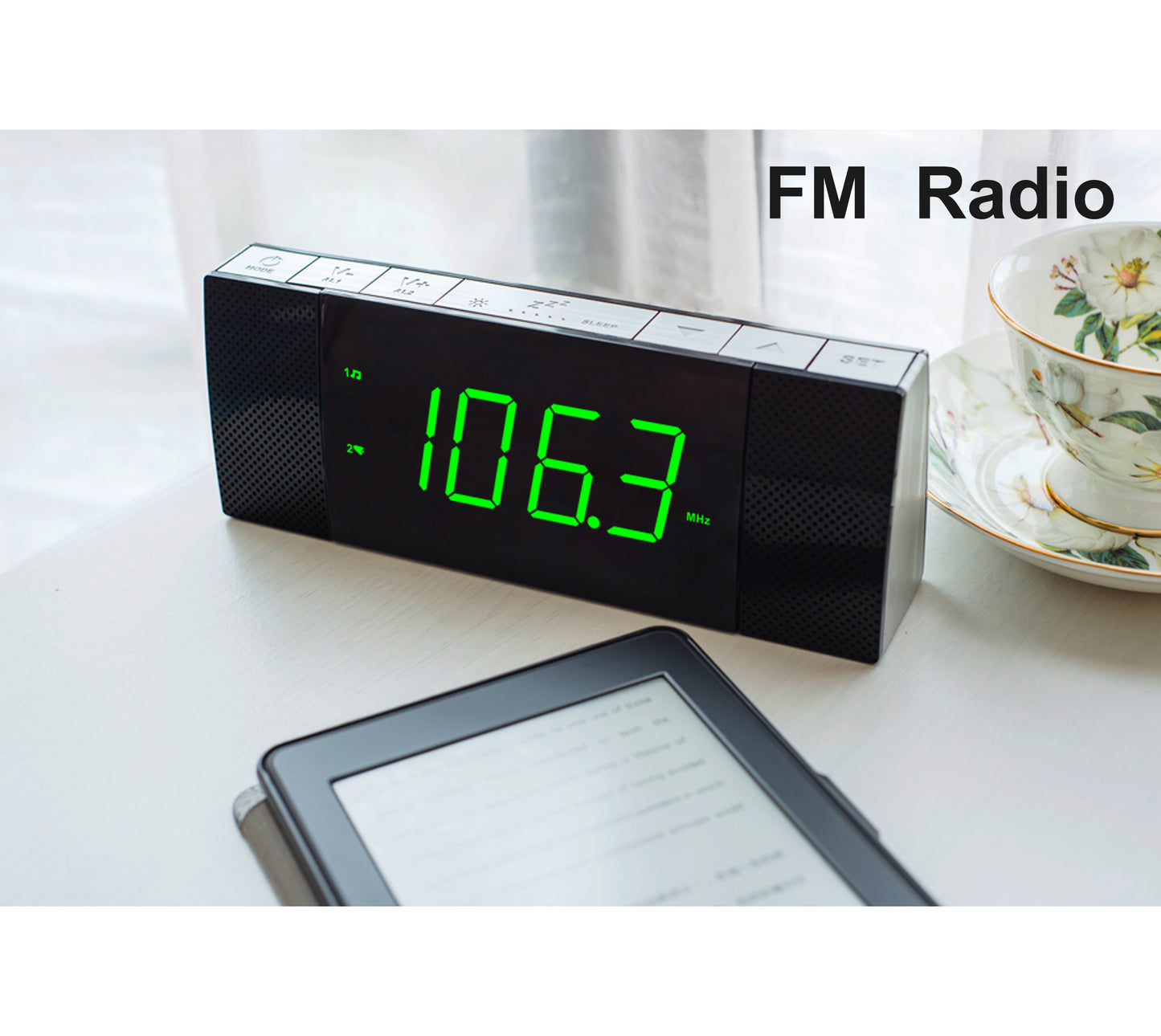 Radio reloj despertador digital iTOMA con altavoz inalámbrico, pantalla LED verde jade regulable, radio FM con temporizador de apagado automático, alarma dual con botón de encendido/apagado, función de repetición, 12/24 h, 503U