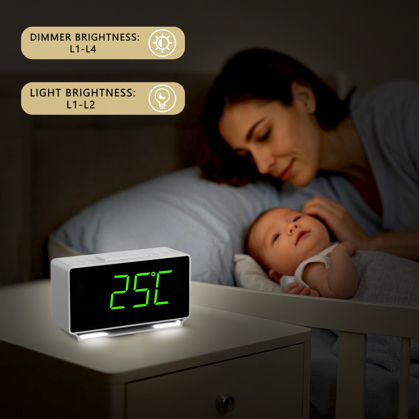 Reloj despertador digital iTOMA 222 con alarmas duales, pantalla de temperatura, función de repetición de alarma (12/24 horas), luz nocturna y volumen ajustable, regulable, batería de respaldo, pequeño reloj LED portátil para dormitorio.