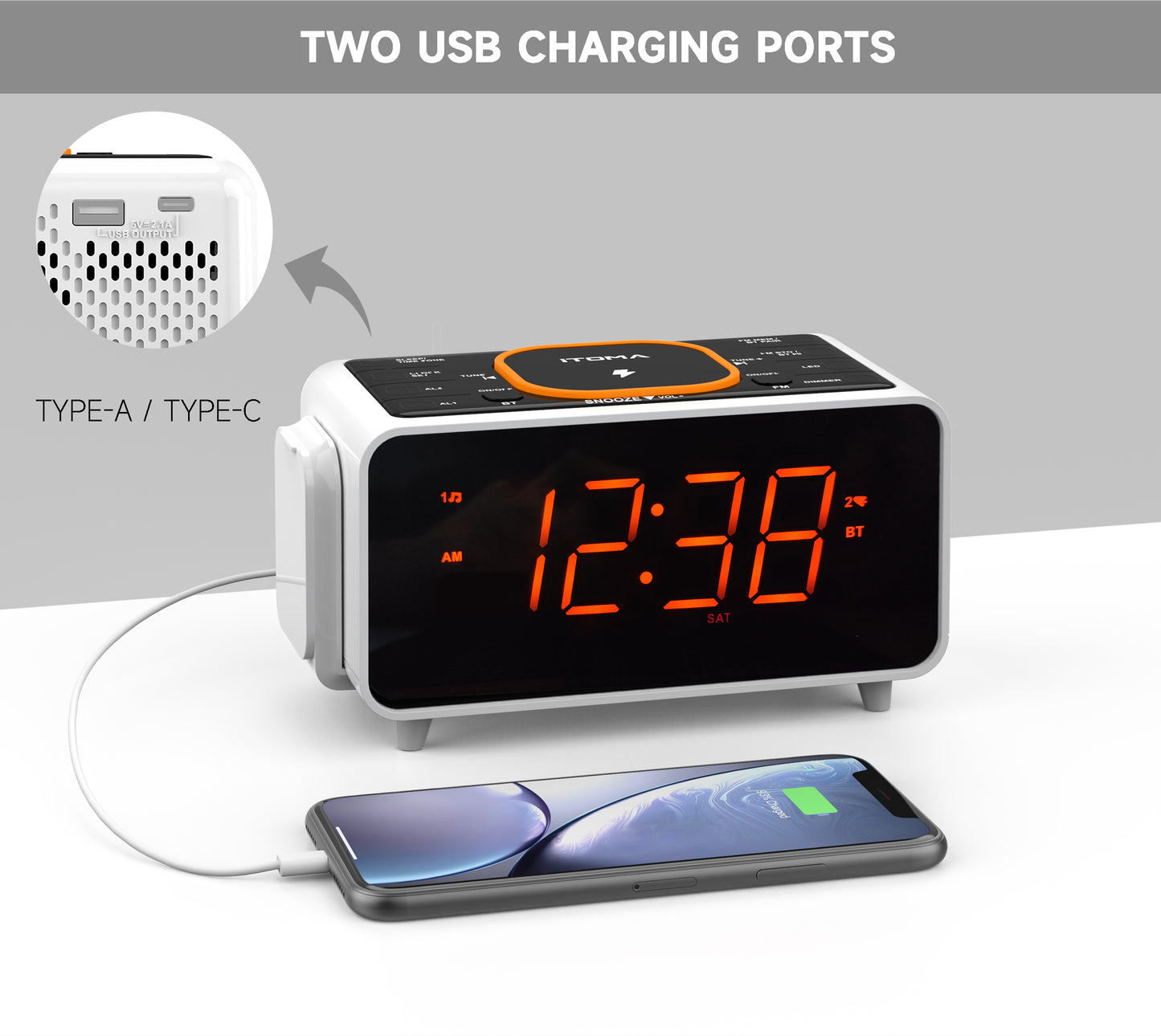 Bedside App Control Dual Wireless Charging Alarm Clock Radio with Bluetooth Speaker, FM Radio, Two USB Port, Dual Alarm, Snooze, Night Light, Auto & Manual Dimmer Control and 1.4" Orange Display iTOMA 209