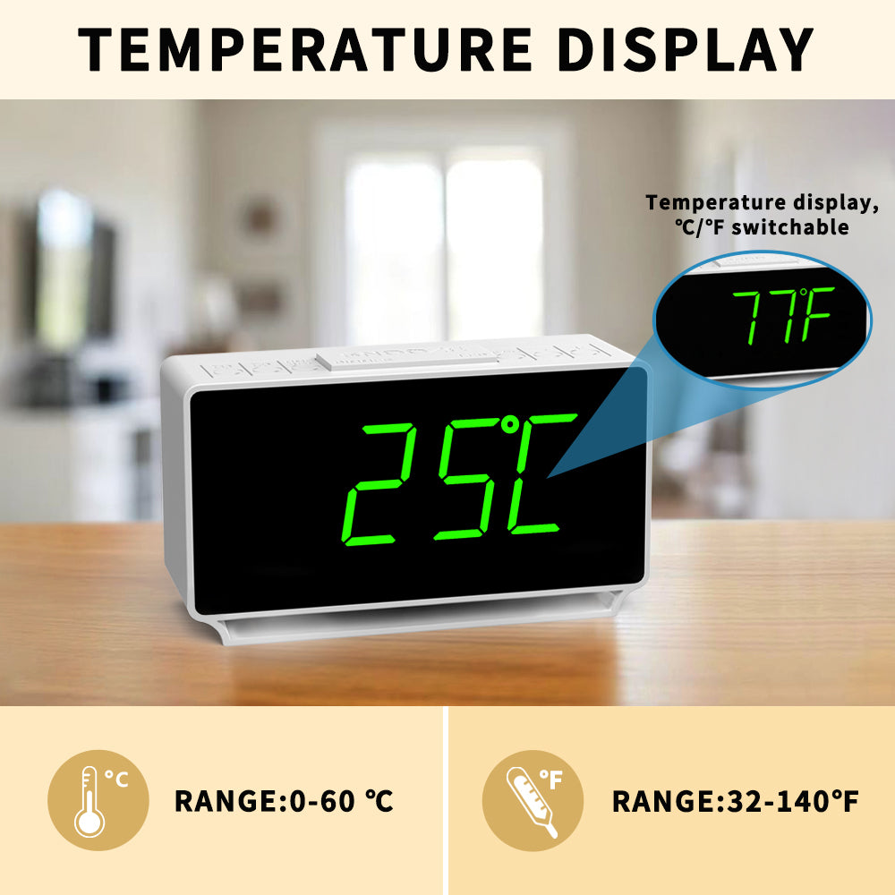Reloj despertador digital iTOMA 222 con alarmas duales, pantalla de temperatura, función de repetición de alarma (12/24 horas), luz nocturna y volumen ajustable, regulable, batería de respaldo, pequeño reloj LED portátil para dormitorio.