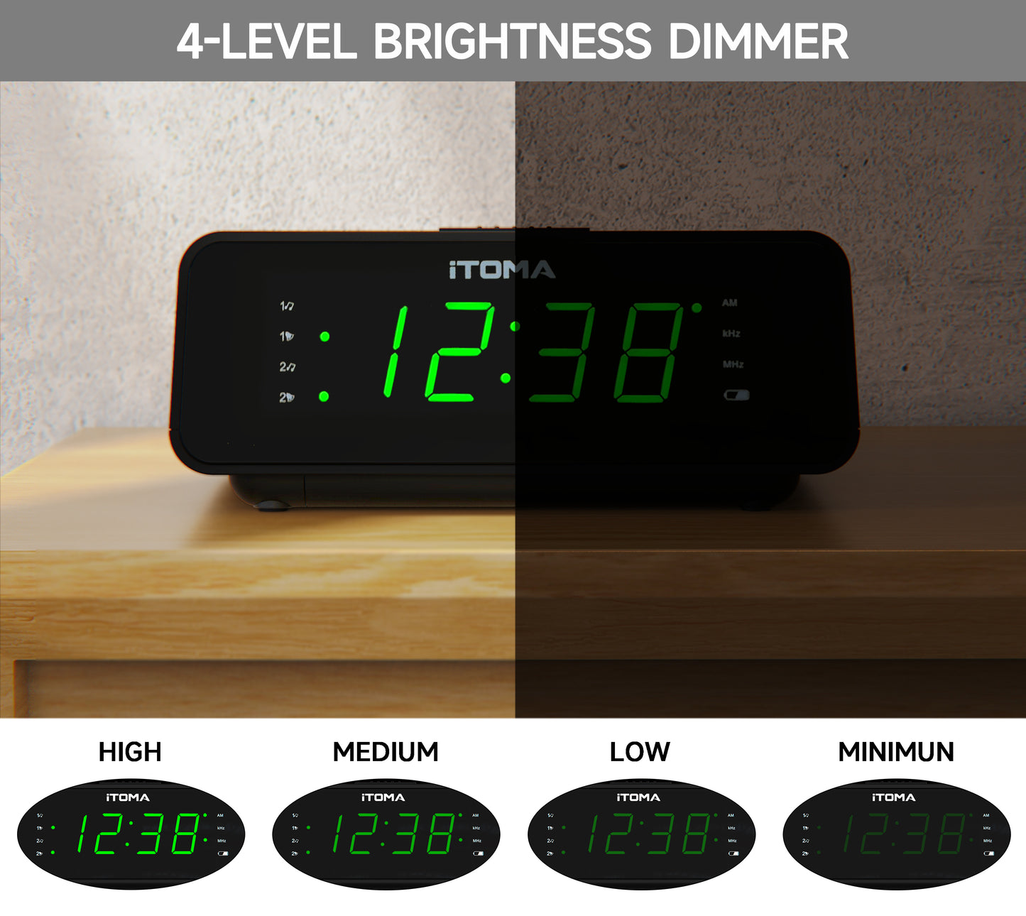 Reloj despertador digital iTOMA con radio AM/FM, atenuador de 4 niveles, función de repetición, alarmas duales, temporizador de apagado automático y pantalla LED verde jade de 0,9" fácil de leer, 2100