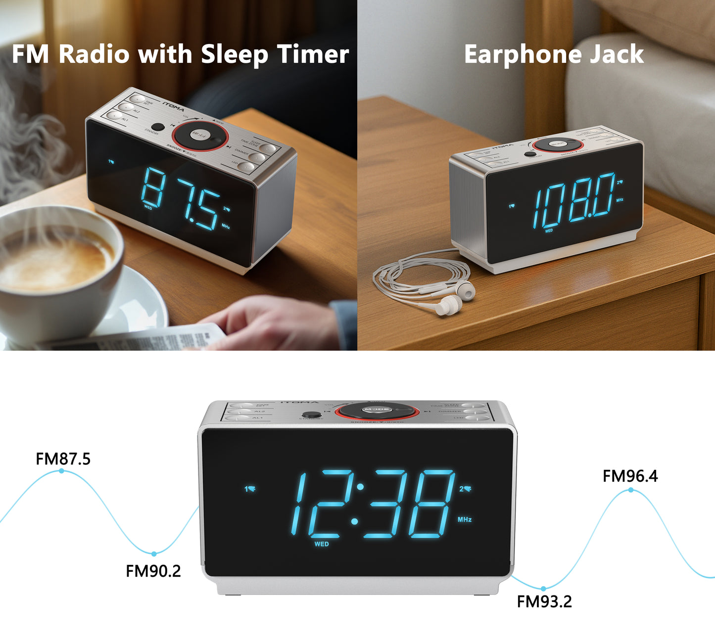 Radiowecker mit Bluetooth-Lautsprecher, UKW-Radio, Doppelalarm mit Schlummerfunktion, großem LED-Display, Dimmersteuerung, USB-Ladeausgang und Nachtlicht iTOMA CKS708