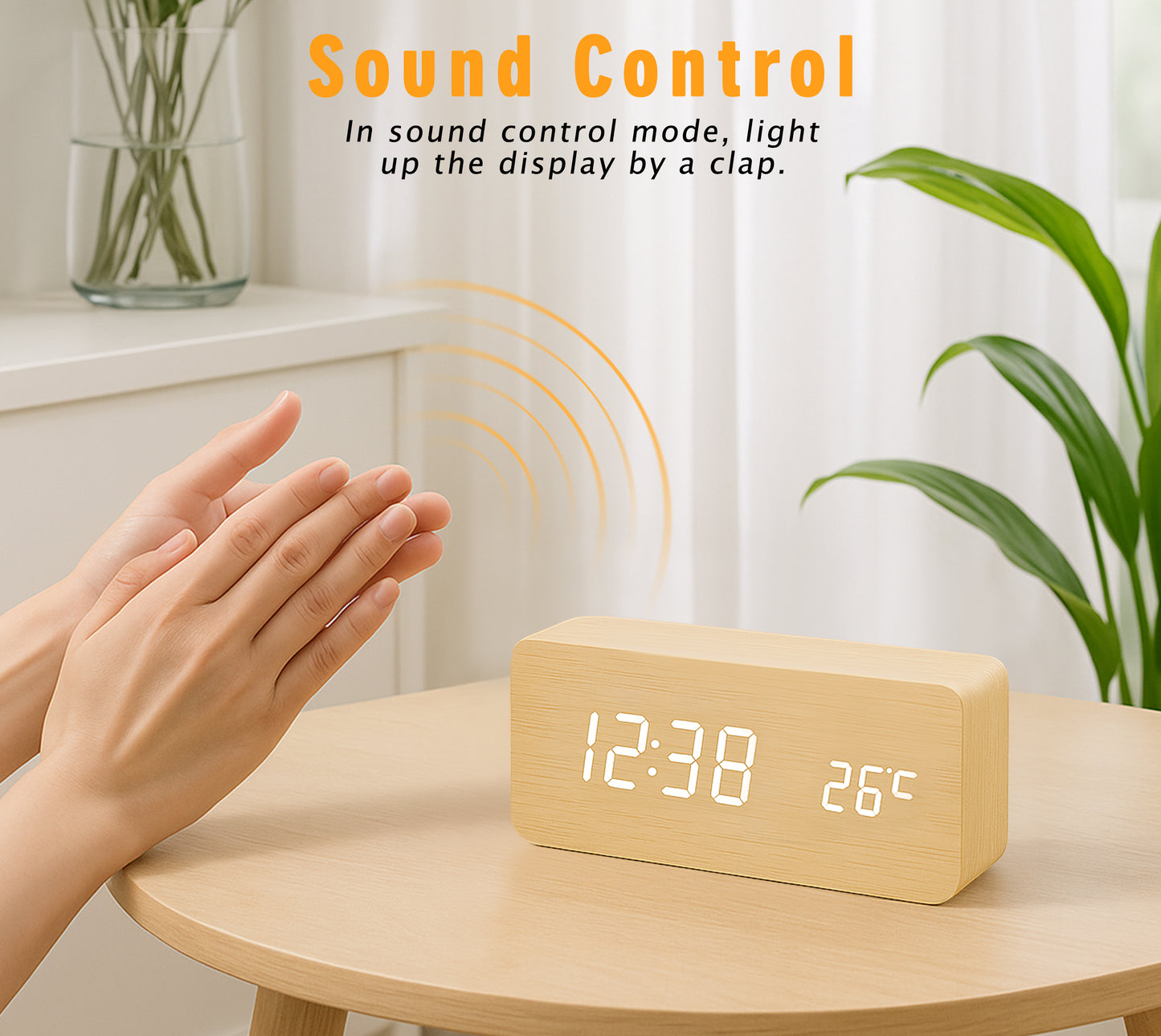 Multi-Function Digital Clock, Adjusting Brightness LED Alarm Clock with Time/Date/Temp Display Wooden Clock Smart Sleep Mode & DC/Battery for Home Office Travel
