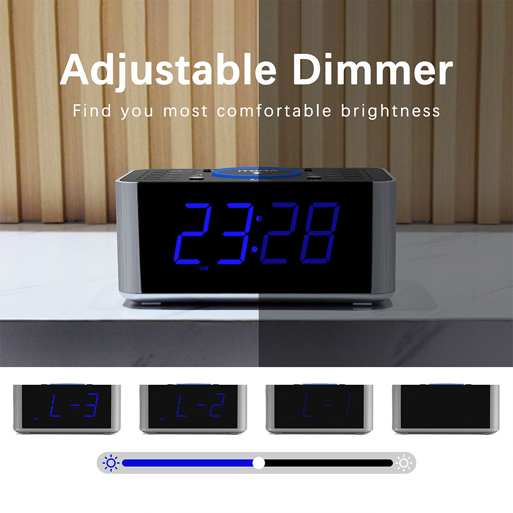 Radio despertador de noche con carga inalámbrica de 5 W, función de repetición, Bluetooth, alarma dual, pantalla LED de 1,4", regulador de intensidad y carga USB para iTOMA 206S.