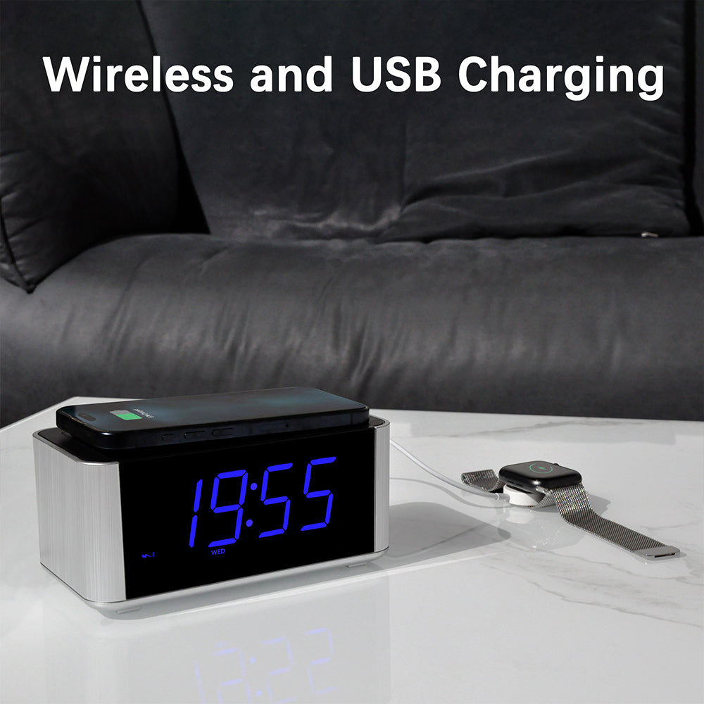 Radio despertador de noche con carga inalámbrica de 5 W, función de repetición, Bluetooth, alarma dual, pantalla LED de 1,4", regulador de intensidad y carga USB para iTOMA 206S.