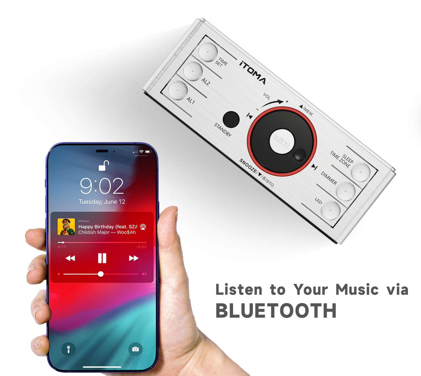 Radiowecker mit Bluetooth-Lautsprecher, UKW-Radio, Doppelalarm mit Schlummerfunktion, großem LED-Display, Dimmersteuerung, USB-Ladeausgang und Nachtlicht iTOMA CKS708