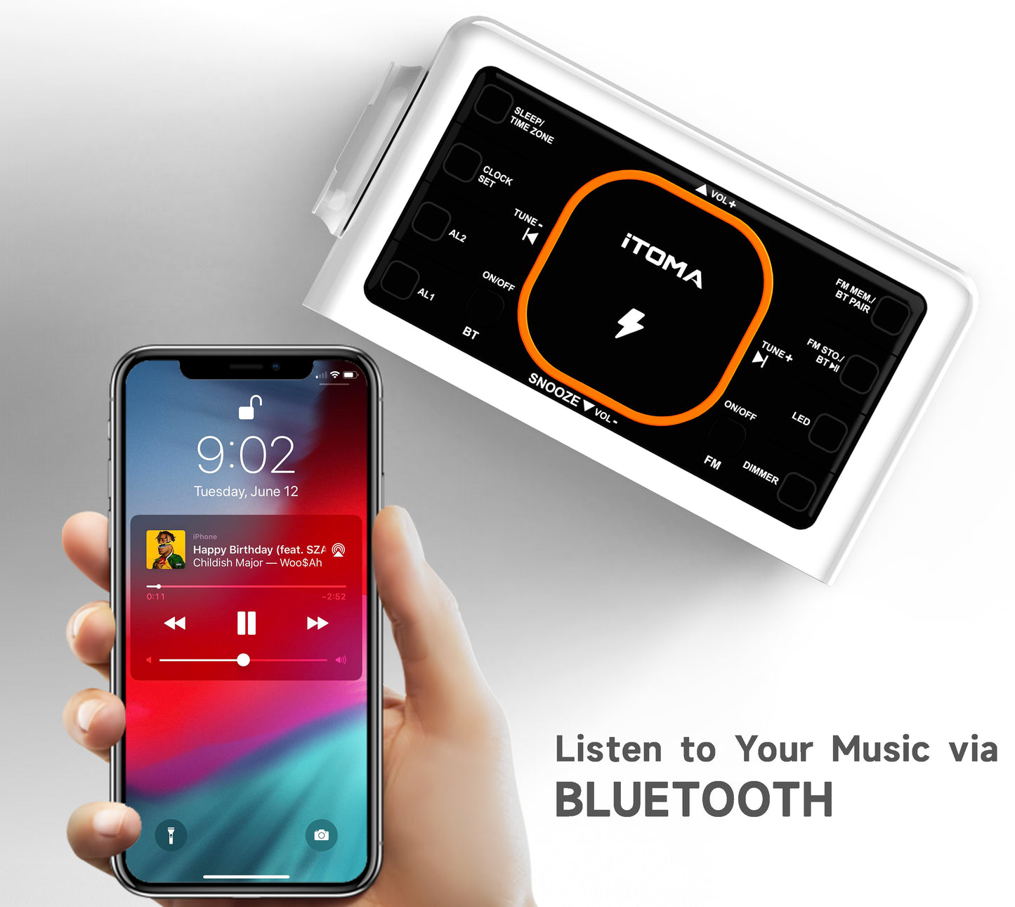 Bedside App Control Dual Wireless Charging Alarm Clock Radio with Bluetooth Speaker, FM Radio, Two USB Port, Dual Alarm, Snooze, Night Light, Auto & Manual Dimmer Control and 1.4" Orange Display iTOMA 209
