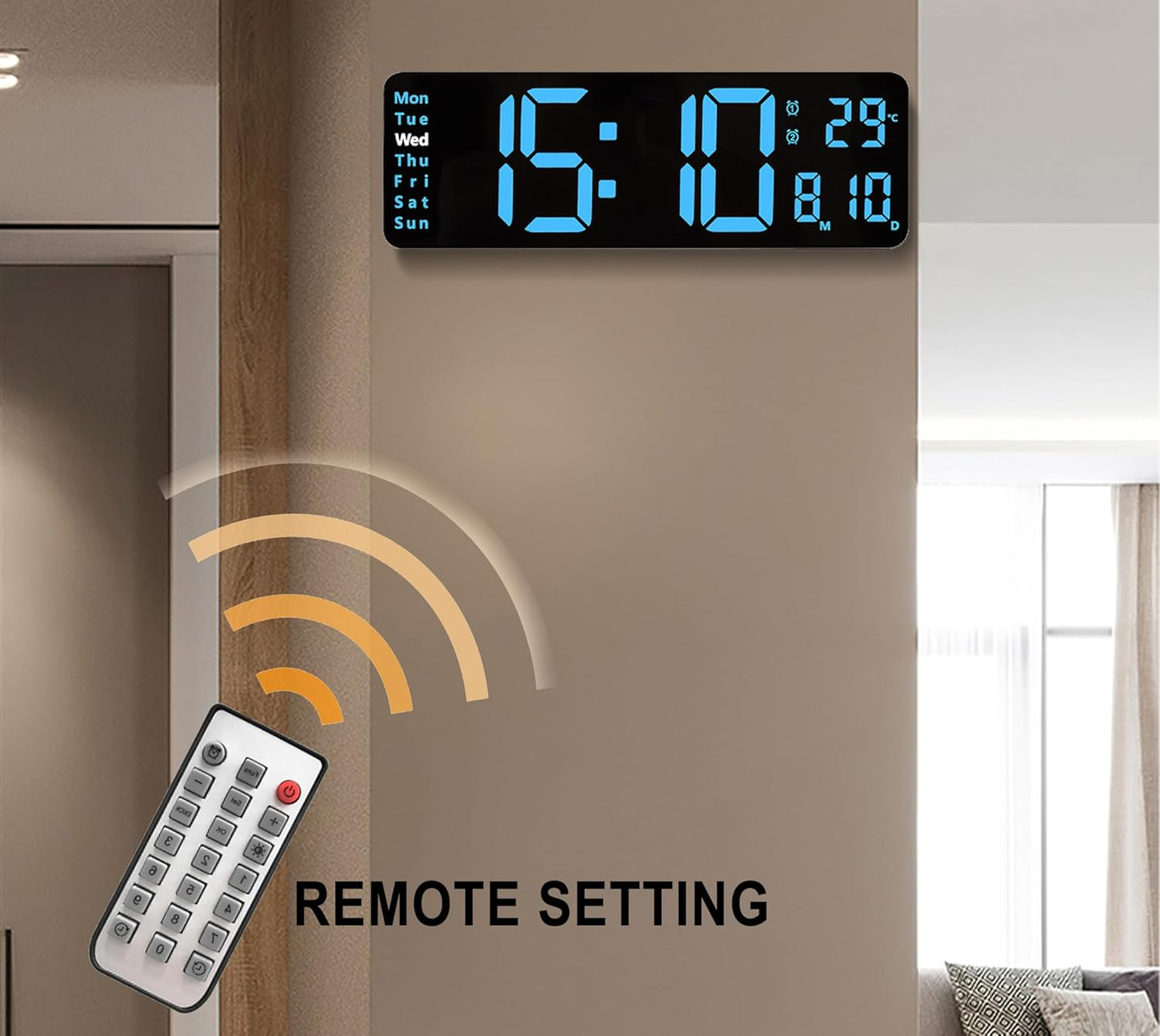Reloj de pared digital, pantalla LED grande de 13 pulgadas para decoración de sala de estar, despertador, temporizador, 12/24 h, regulador de brillo automático, reloj grande con día, fecha y temperatura (13 pulgadas)
