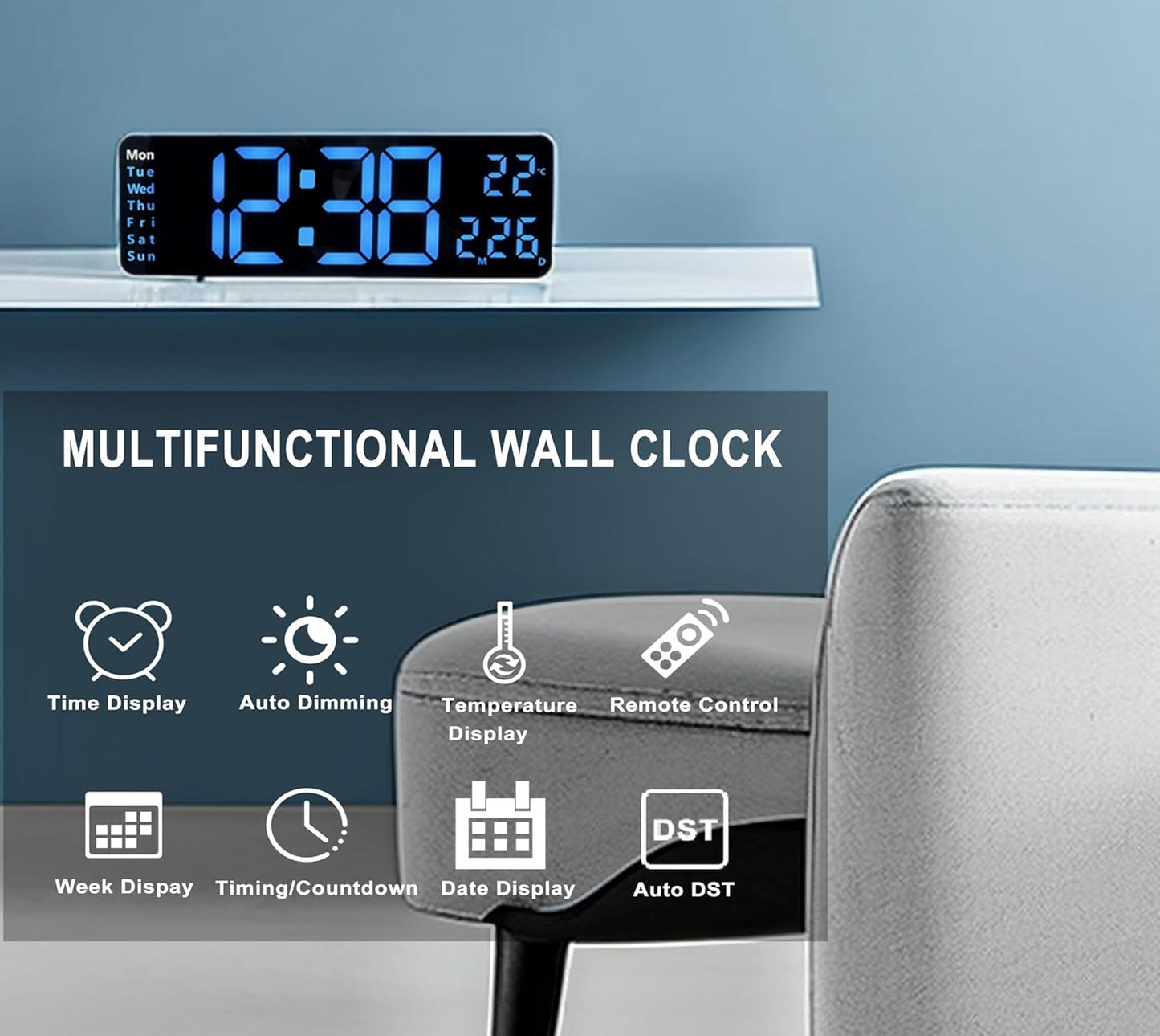 Reloj de pared digital, pantalla LED grande de 13 pulgadas para decoración de sala de estar, despertador, temporizador, 12/24 h, regulador de brillo automático, reloj grande con día, fecha y temperatura (13 pulgadas)