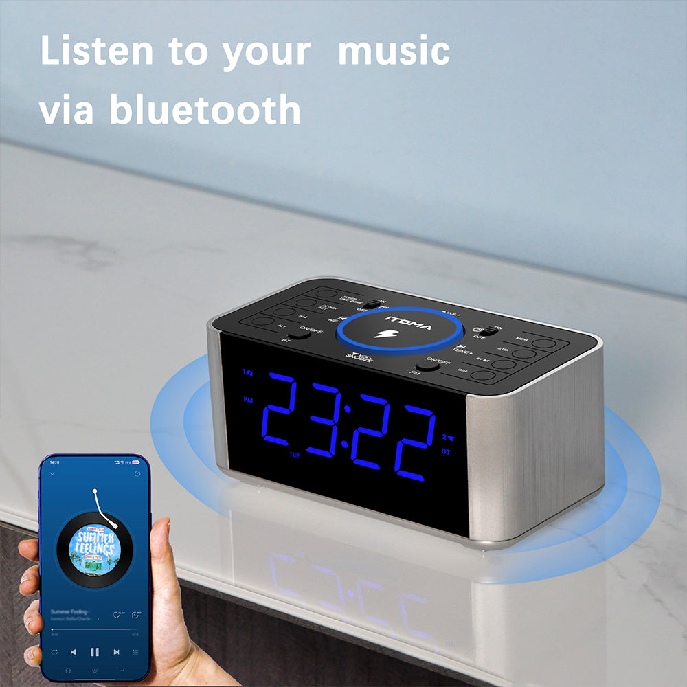 Radio despertador de noche con carga inalámbrica de 5 W, función de repetición, Bluetooth, alarma dual, pantalla LED de 1,4", regulador de intensidad y carga USB para iTOMA 206S.