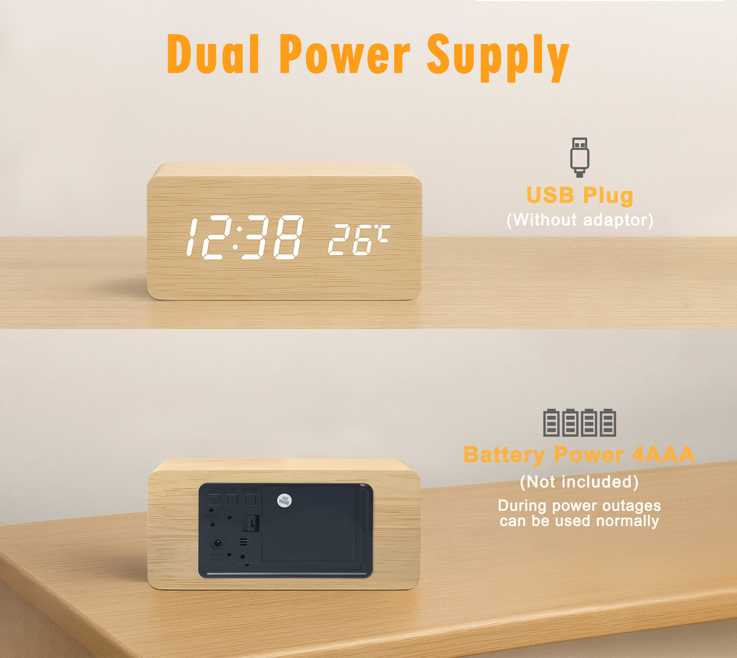 Multi-Function Digital Clock, Adjusting Brightness LED Alarm Clock with Time/Date/Temp Display Wooden Clock Smart Sleep Mode & DC/Battery for Home Office Travel