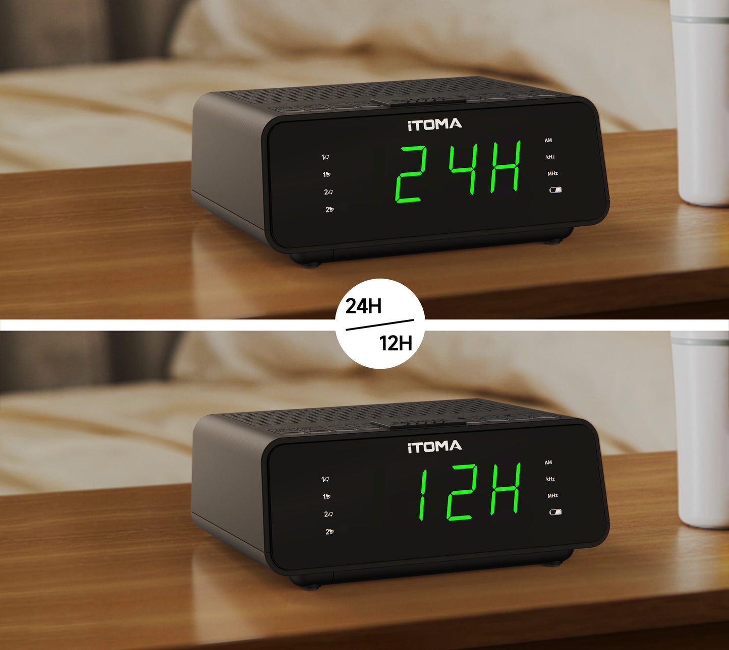 Reloj despertador digital iTOMA con radio AM/FM, atenuador de 4 niveles, función de repetición, alarmas duales, temporizador de apagado automático y pantalla LED verde jade de 0,9" fácil de leer, 2100