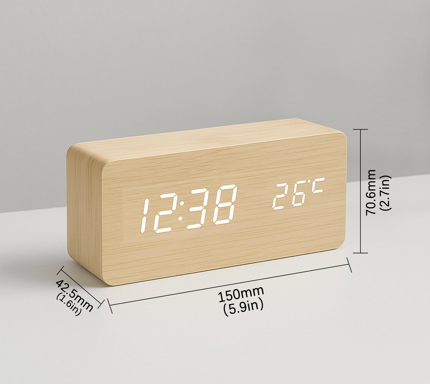 Multi-Function Digital Clock, Adjusting Brightness LED Alarm Clock with Time/Date/Temp Display Wooden Clock Smart Sleep Mode & DC/Battery for Home Office Travel