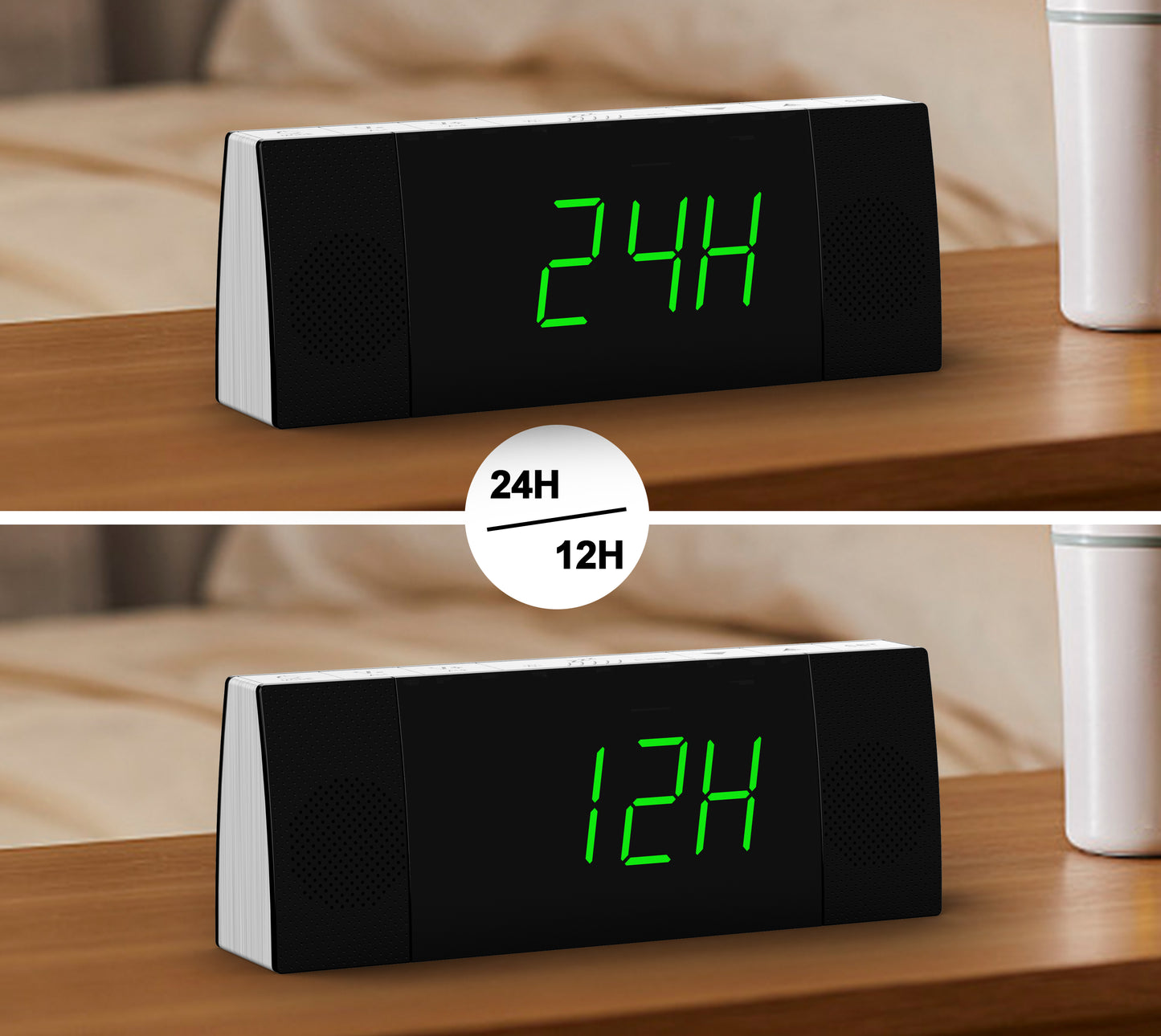 Radio reloj despertador digital iTOMA con altavoz inalámbrico, pantalla LED verde jade regulable, radio FM con temporizador de apagado automático, alarma dual con botón de encendido/apagado, función de repetición, 12/24 h, 503U