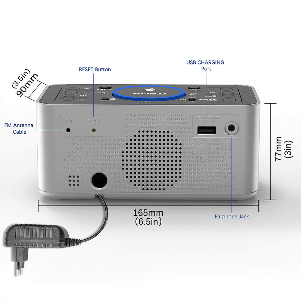 Radio despertador de noche con carga inalámbrica de 5 W, función de repetición, Bluetooth, alarma dual, pantalla LED de 1,4", regulador de intensidad y carga USB para iTOMA 206S.