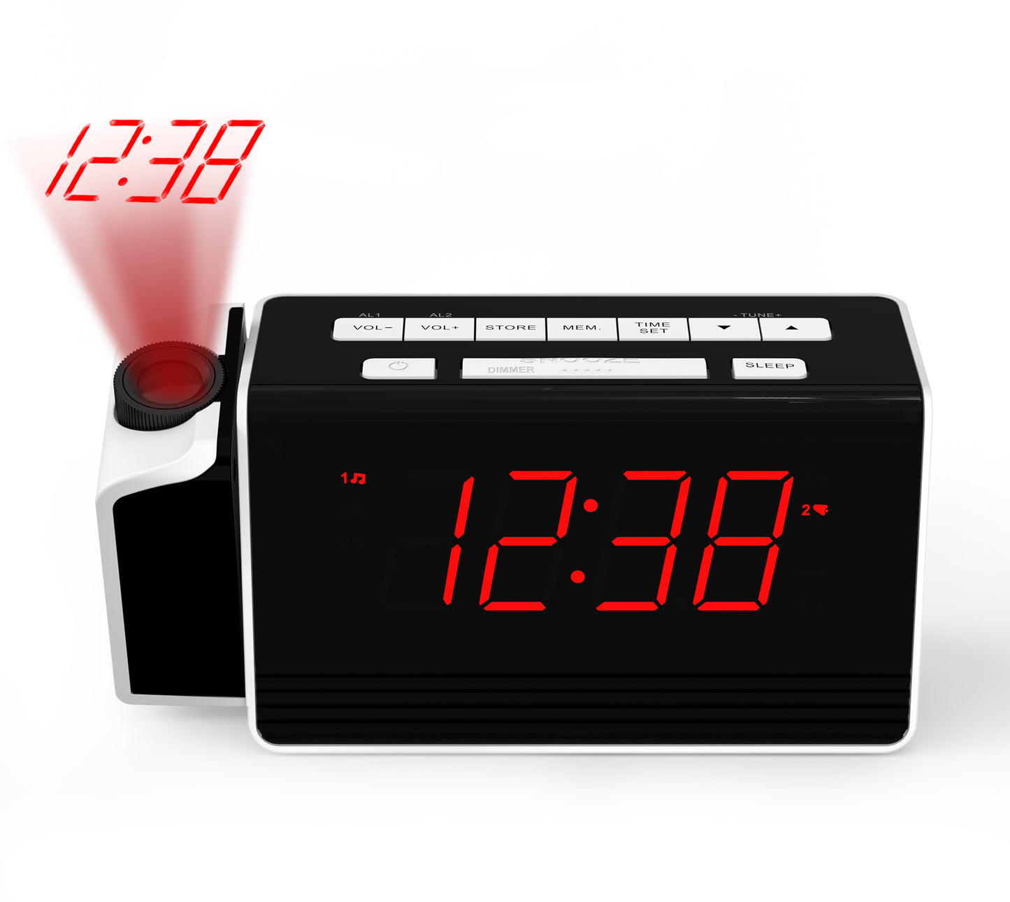 Reloj despertador digital iTOMA con proyector giratorio de 180° para dormitorio, radio FM, pantalla LED roja, regulador de brillo de 4 niveles, alarma dual, función de repetición, 12/24 h, 512