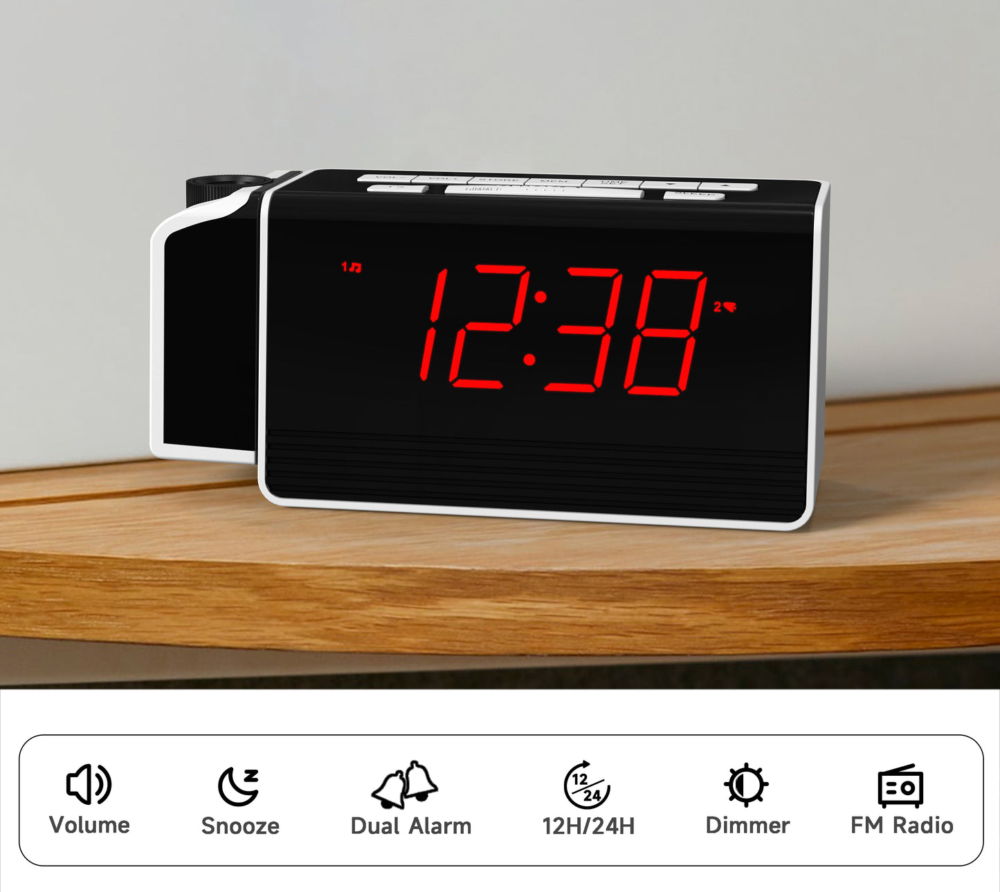 Reloj despertador digital iTOMA con proyector giratorio de 180° para dormitorio, radio FM, pantalla LED roja, regulador de brillo de 4 niveles, alarma dual, función de repetición, 12/24 h, 512