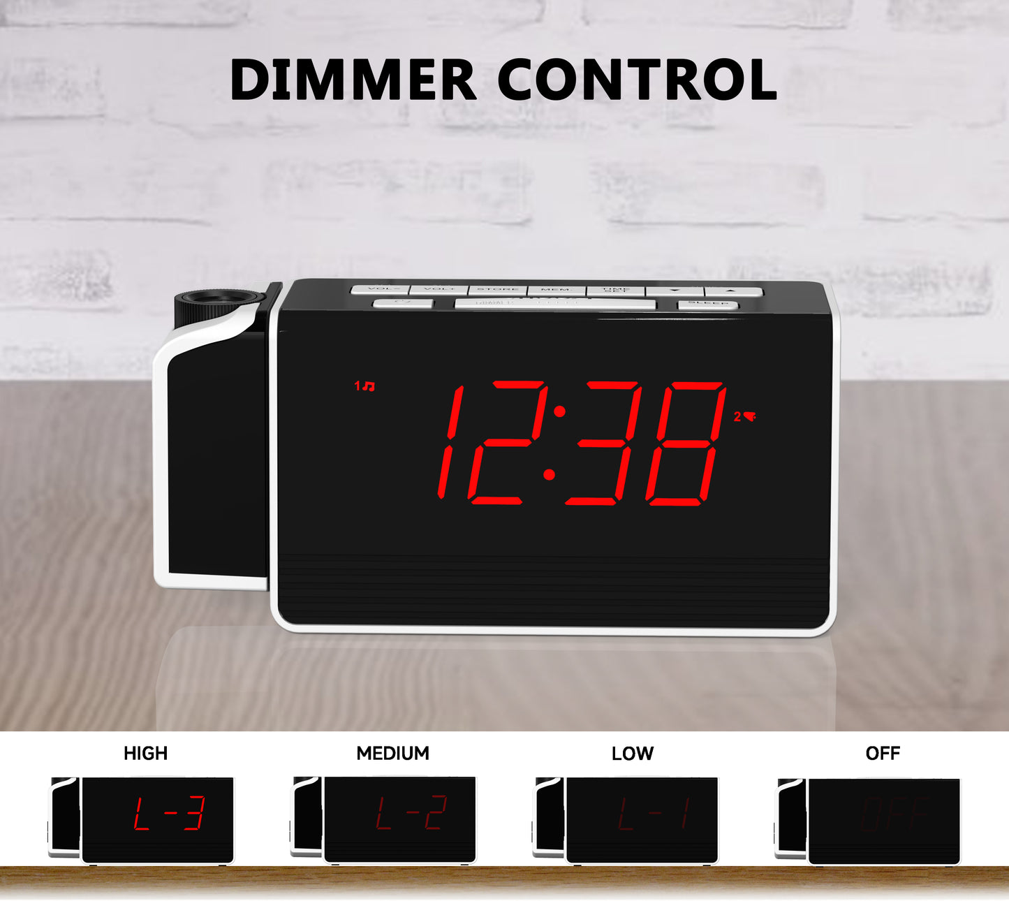 Reloj despertador digital iTOMA con proyector giratorio de 180° para dormitorio, radio FM, pantalla LED roja, regulador de brillo de 4 niveles, alarma dual, función de repetición, 12/24 h, 512