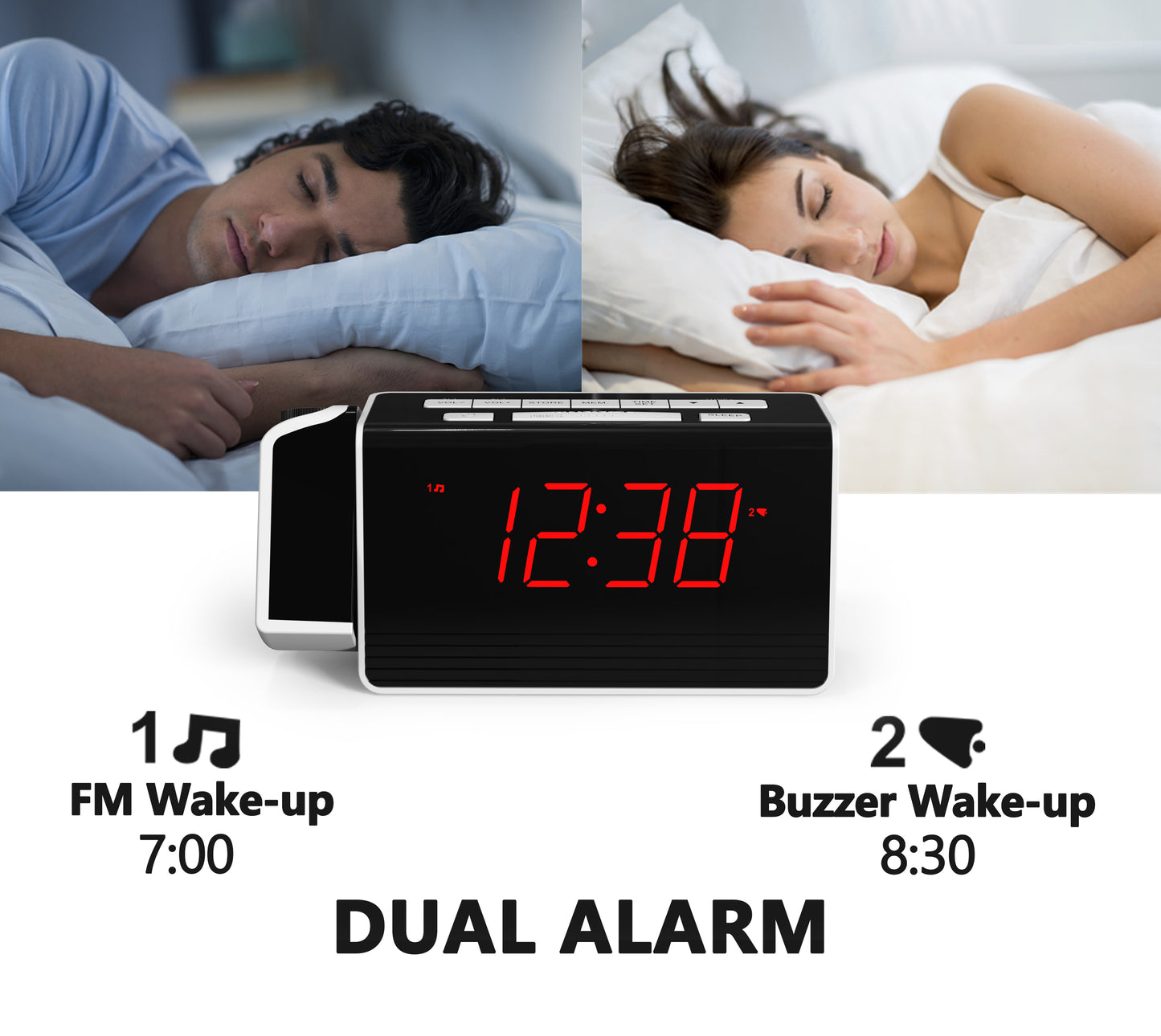 Reloj despertador digital iTOMA con proyector giratorio de 180° para dormitorio, radio FM, pantalla LED roja, regulador de brillo de 4 niveles, alarma dual, función de repetición, 12/24 h, 512