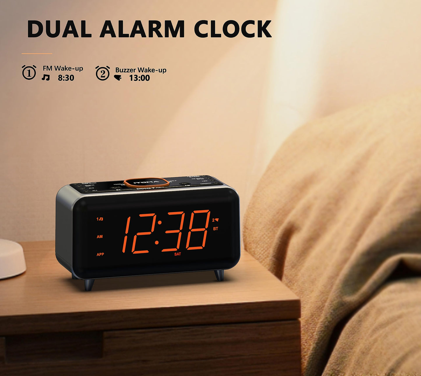 Radio Alarm Clock with App Control, Bluetooth, FM Radio, Dual Alarm of 4 Alarm Modes, Easy Snooze, Dimmer, Orange Night Light, 12/24 Hr & USB Charger Port iTOMA 208A